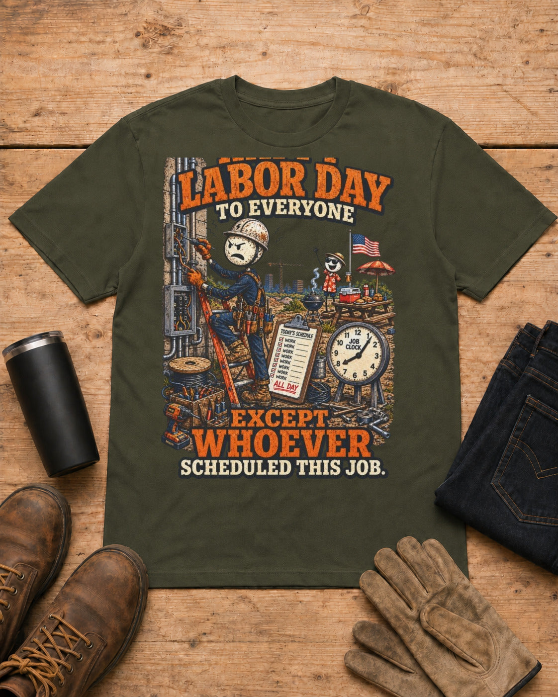Happy Labor Day to Everyone Except Whoever Scheduled This Job. | Electrician T-Shirt in Military Green workbench flat lay