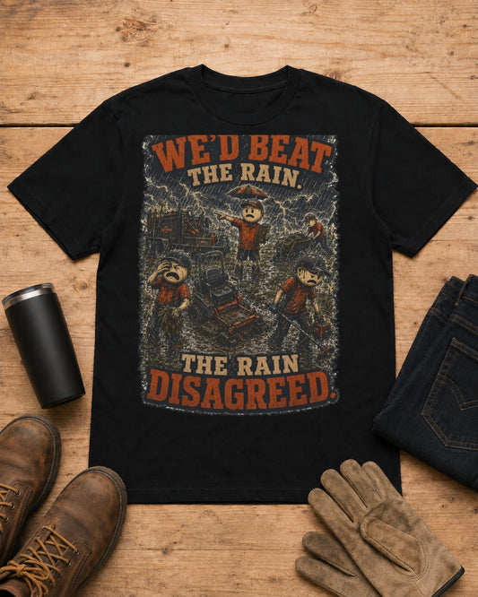 Boss Said We'd Beat the Rain. The Rain Disagreed. | Lawn Care T-Shirt in Black workbench flat lay