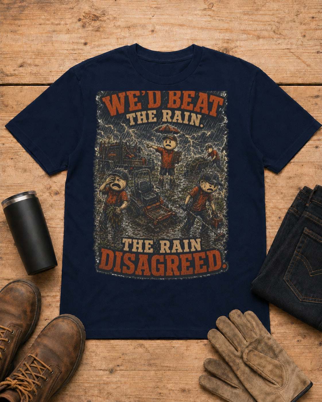 Boss Said We'd Beat the Rain. The Rain Disagreed. | Lawn Care T-Shirt in Navy workbench flat lay