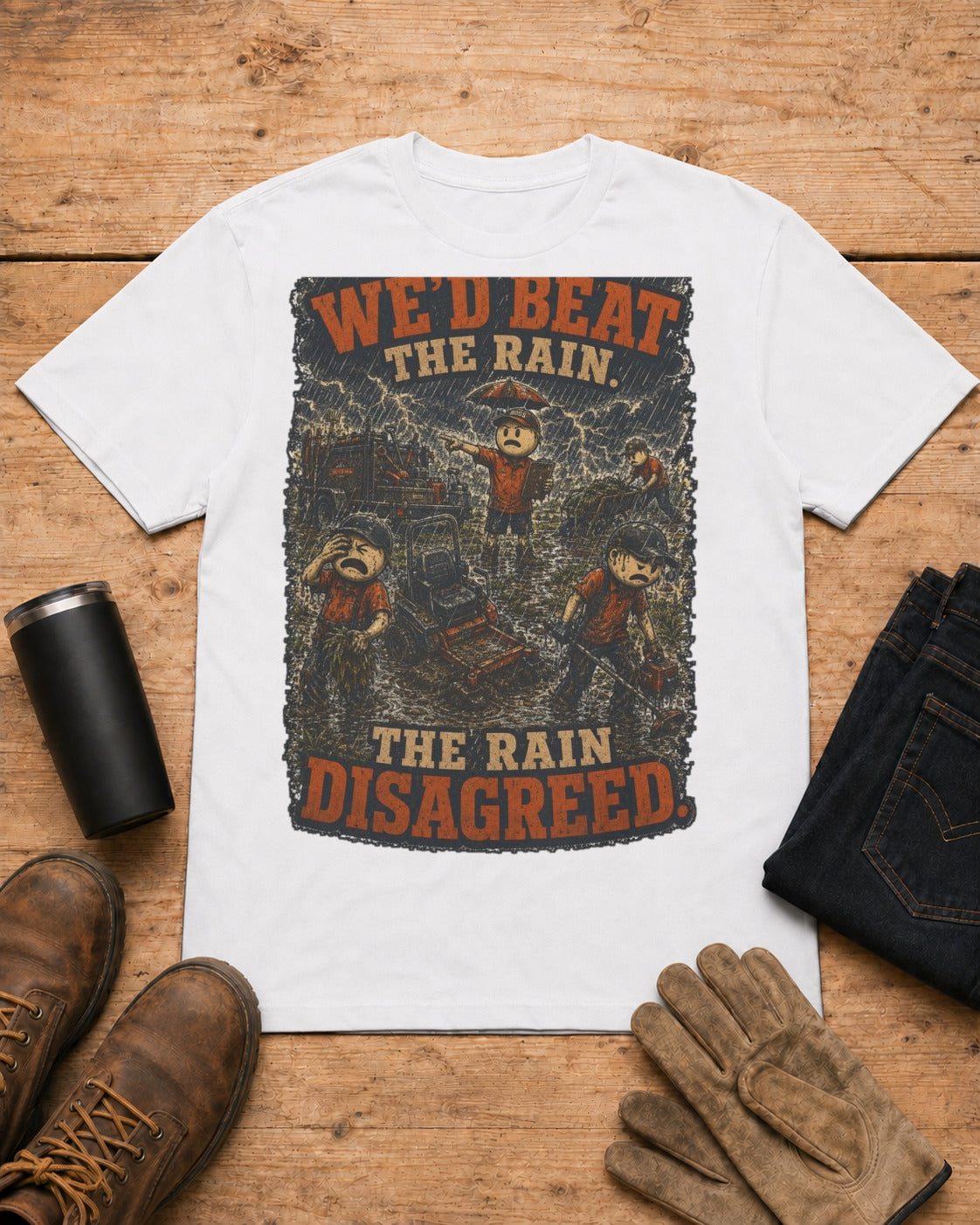 Boss Said We'd Beat the Rain. The Rain Disagreed. | Lawn Care T-Shirt in White workbench flat lay