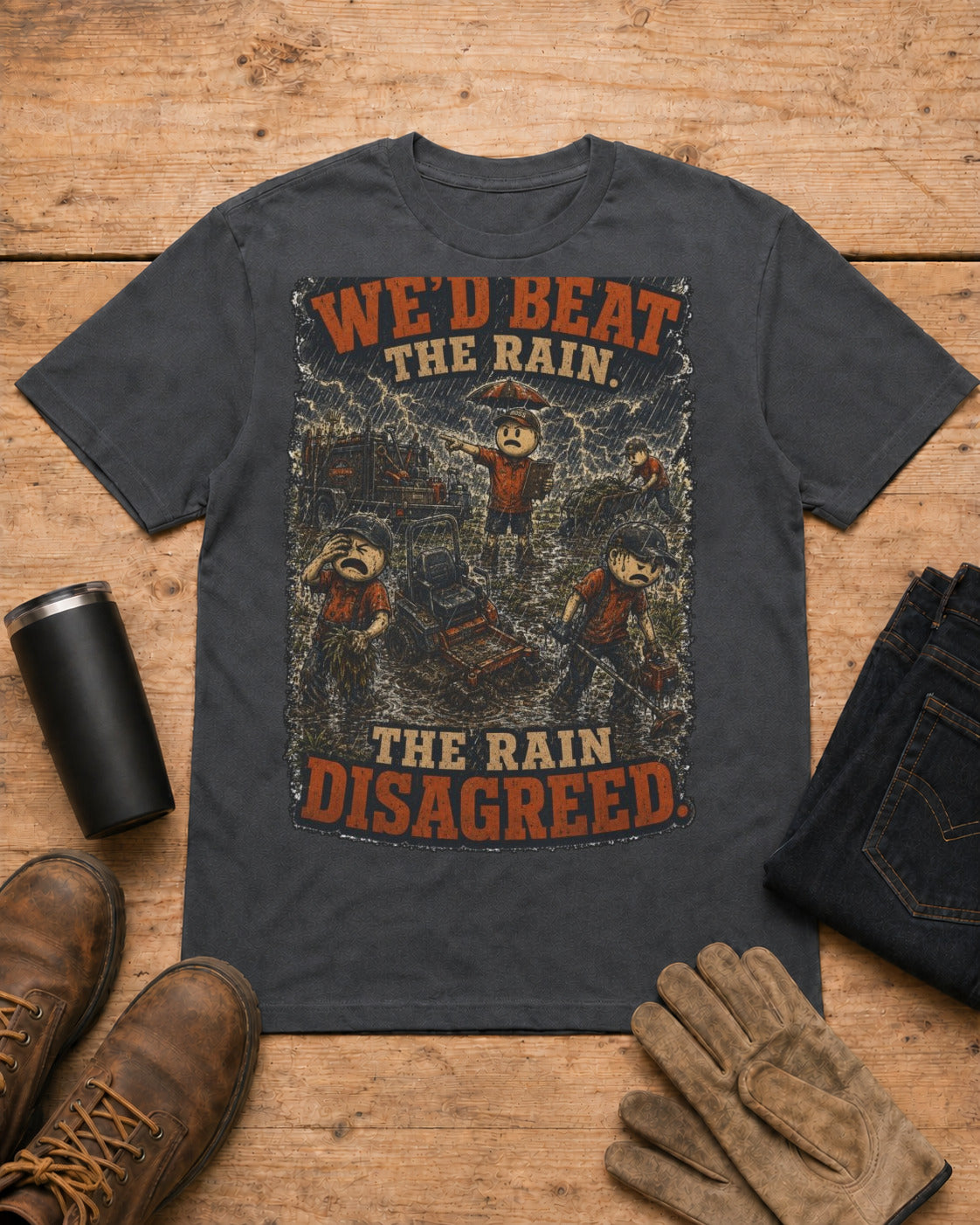Boss Said We'd Beat the Rain. The Rain Disagreed. | Lawn Care T-Shirt in Dark Heather workbench flat lay