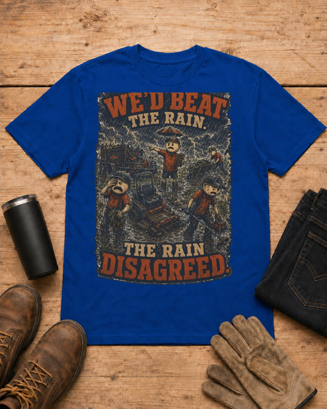 Boss Said We'd Beat the Rain. The Rain Disagreed. | Lawn Care T-Shirt in Royal Blue workbench flat lay