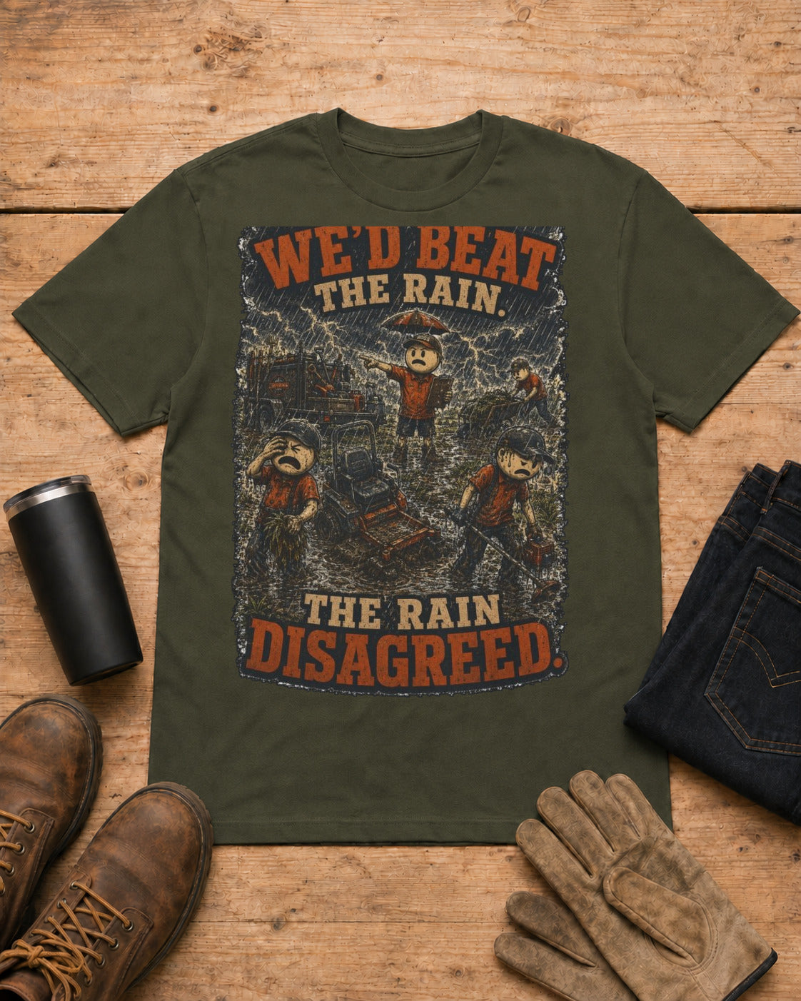 Boss Said We'd Beat the Rain. The Rain Disagreed. | Lawn Care T-Shirt in Military Green workbench flat lay