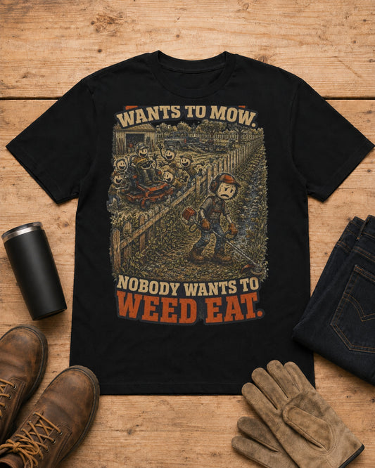 Everybody Wants to Mow. Nobody Wants to Weed Eat. | Lawn Care T-Shirt in Black workbench flat lay