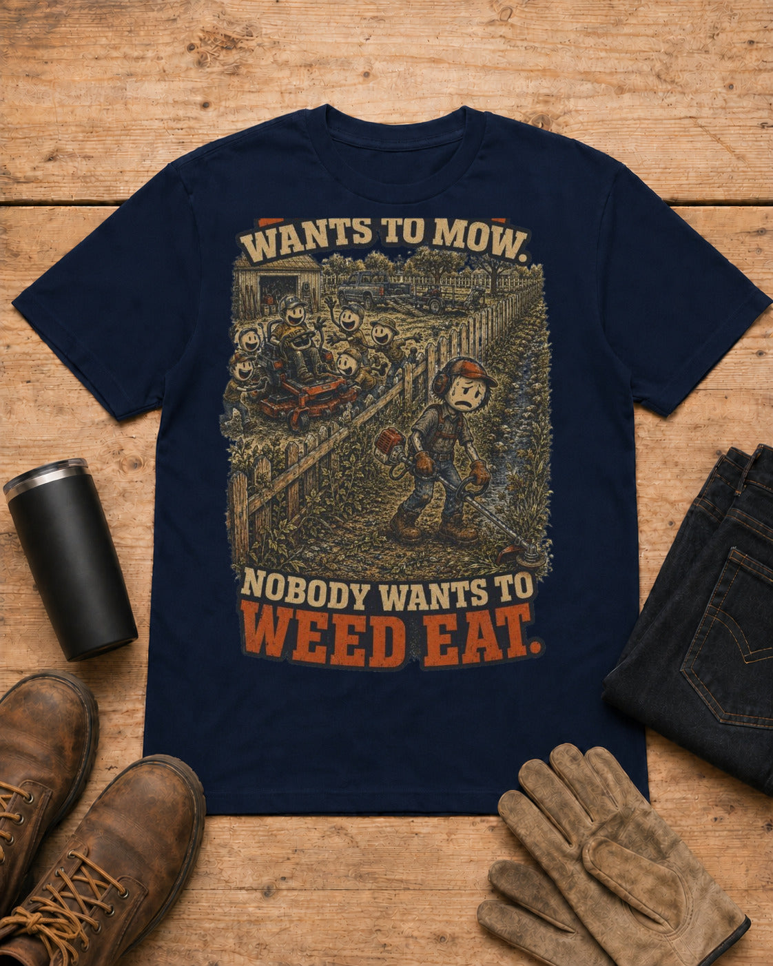 Everybody Wants to Mow. Nobody Wants to Weed Eat. | Lawn Care T-Shirt in Navy workbench flat lay