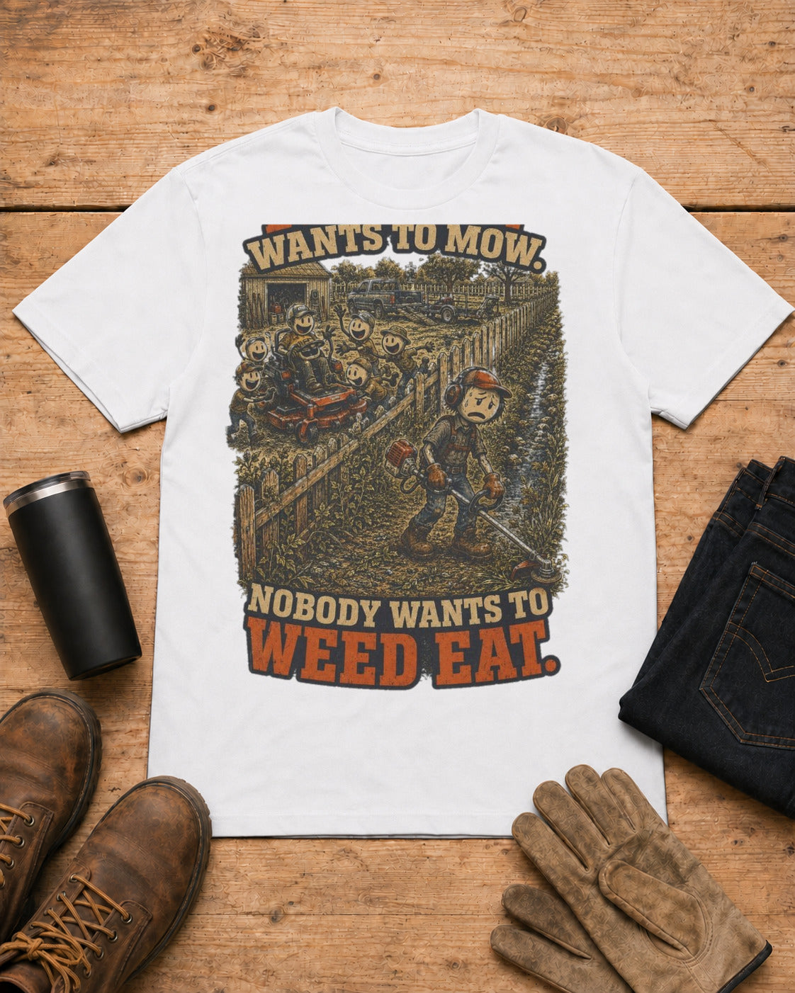 Everybody Wants to Mow. Nobody Wants to Weed Eat. | Lawn Care T-Shirt in White workbench flat lay