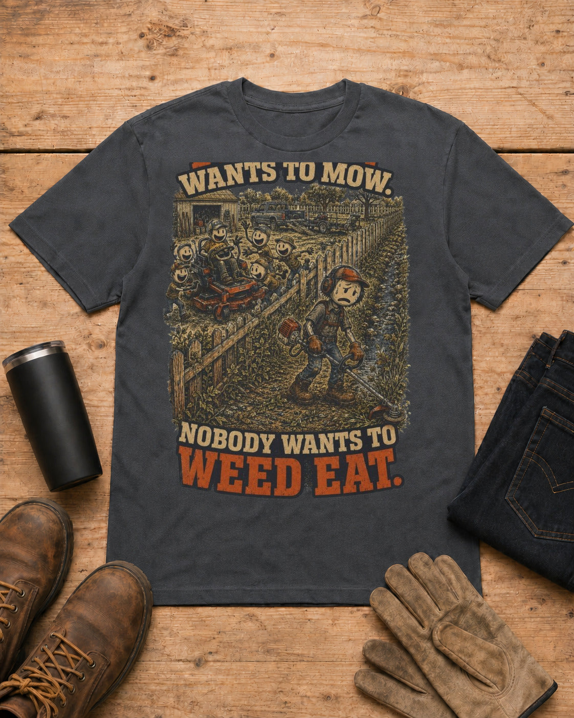 Everybody Wants to Mow. Nobody Wants to Weed Eat. | Lawn Care T-Shirt in Dark Heather workbench flat lay