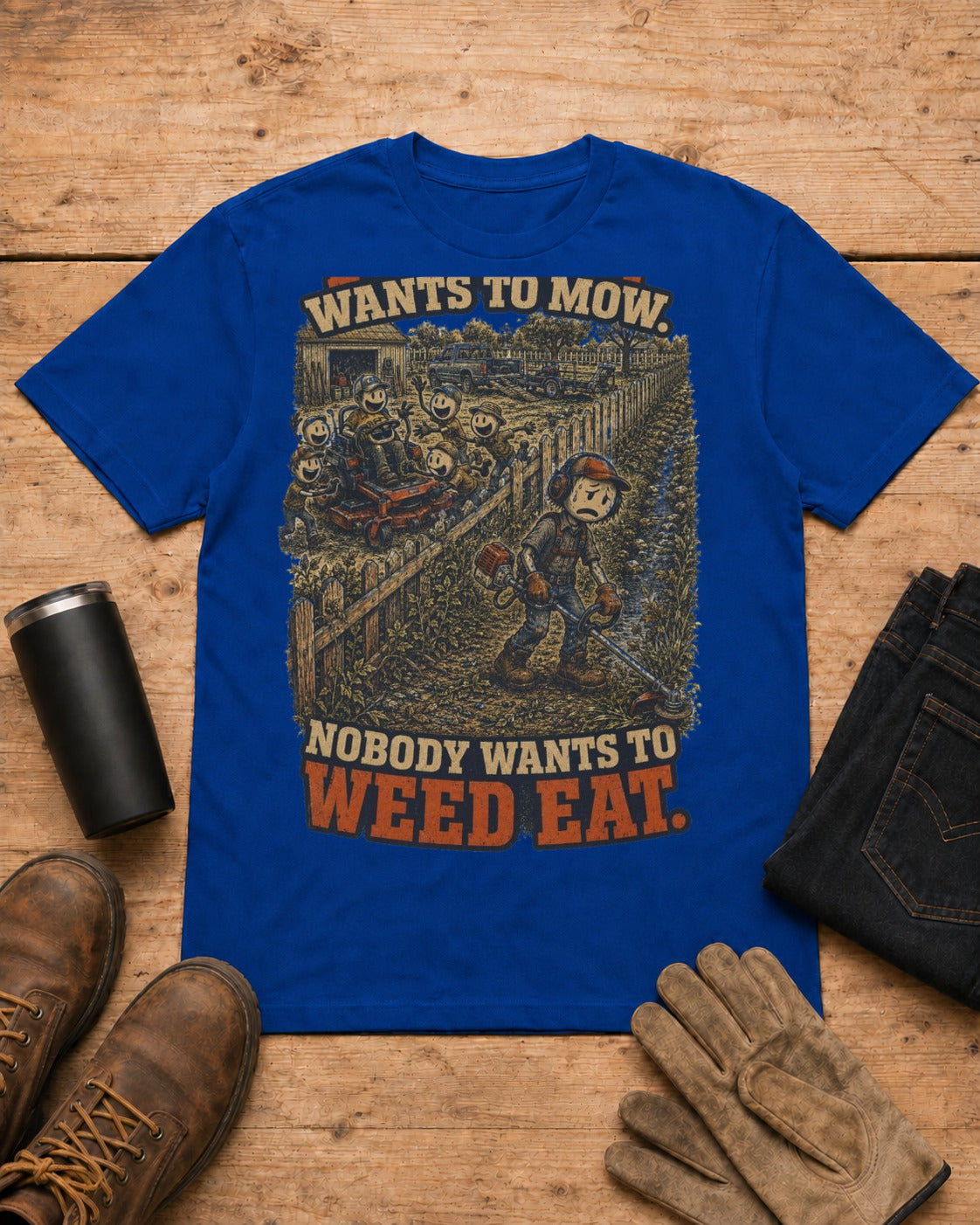 Everybody Wants to Mow. Nobody Wants to Weed Eat. | Lawn Care T-Shirt in Royal Blue workbench flat lay