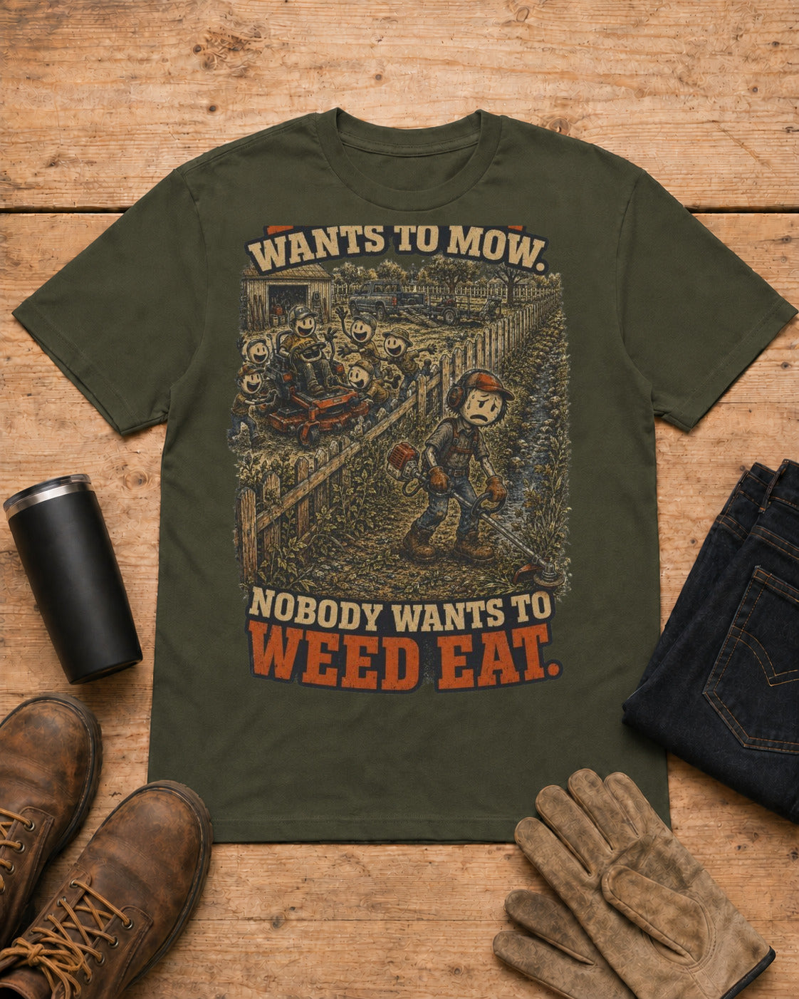 Everybody Wants to Mow. Nobody Wants to Weed Eat. | Lawn Care T-Shirt in Military Green workbench flat lay