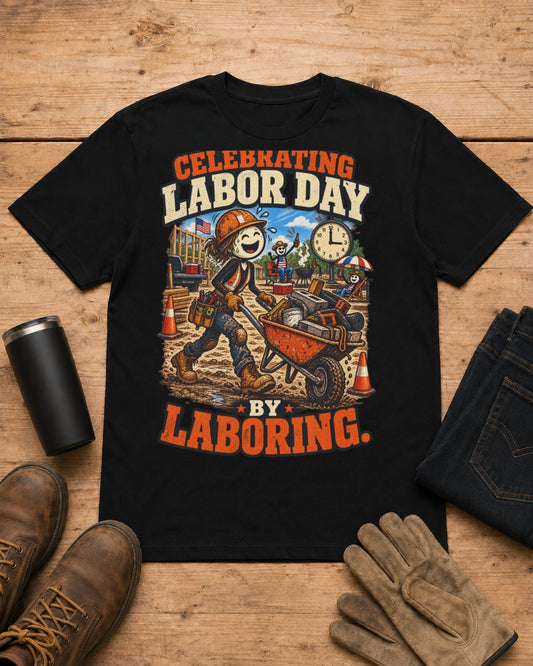 Celebrating Labor Day by Laboring. | Construction T-Shirt in Black workbench flat lay