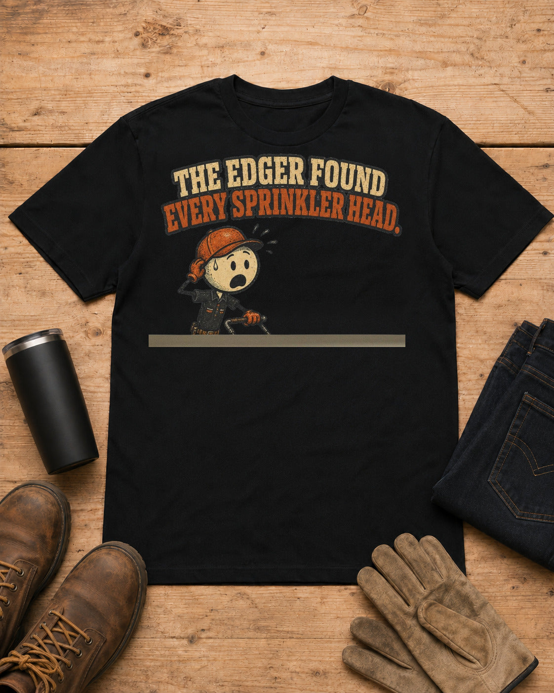 The Edger Found Every Sprinkler Head Lawn Care T-Shirt in Black workbench flat lay