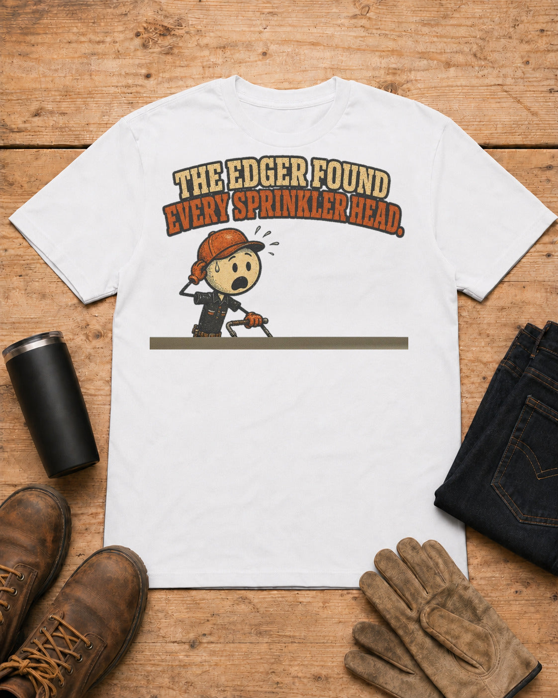 The Edger Found Every Sprinkler Head Lawn Care T-Shirt in White workbench flat lay
