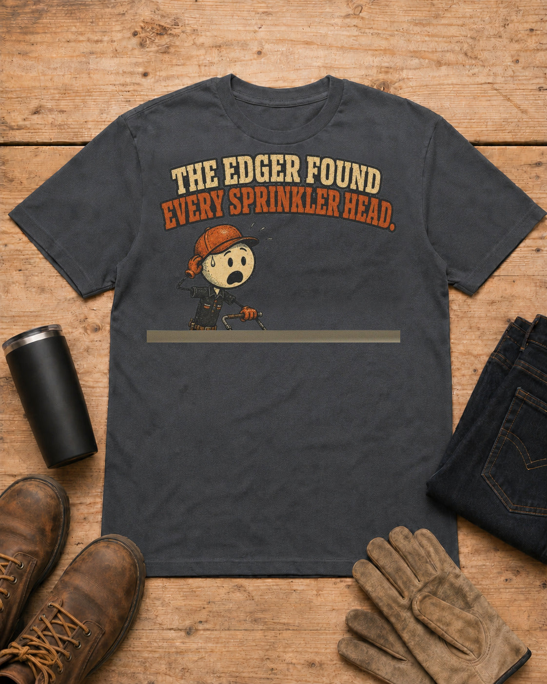 The Edger Found Every Sprinkler Head Lawn Care T-Shirt in Dark Heather workbench flat lay