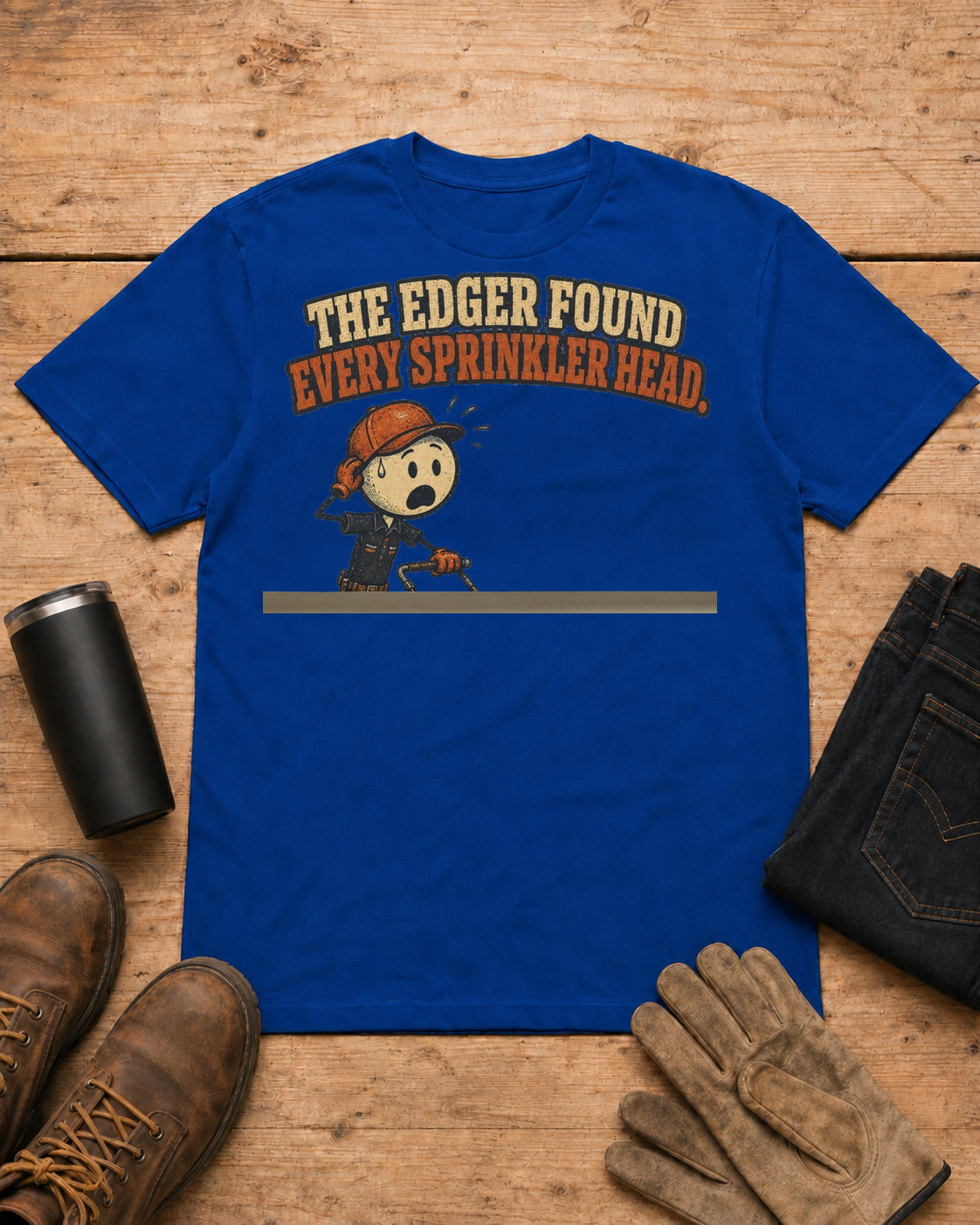 The Edger Found Every Sprinkler Head Lawn Care T-Shirt in Royal Blue workbench flat lay