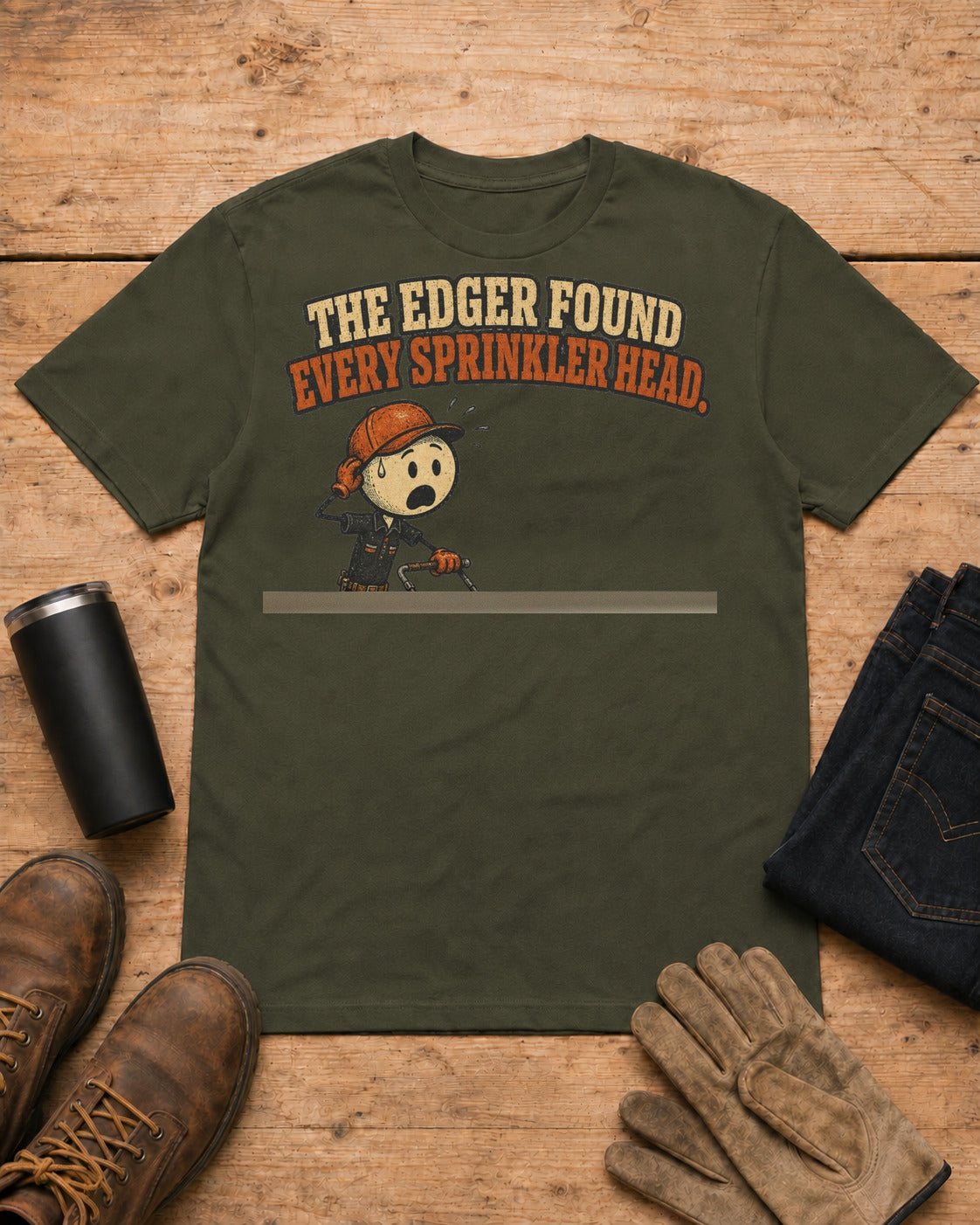 The Edger Found Every Sprinkler Head Lawn Care T-Shirt in Military Green workbench flat lay