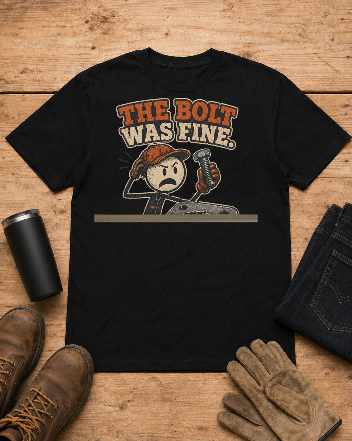 The Bolt Was Fine Funny Mechanic T-Shirt in Black workbench flat lay