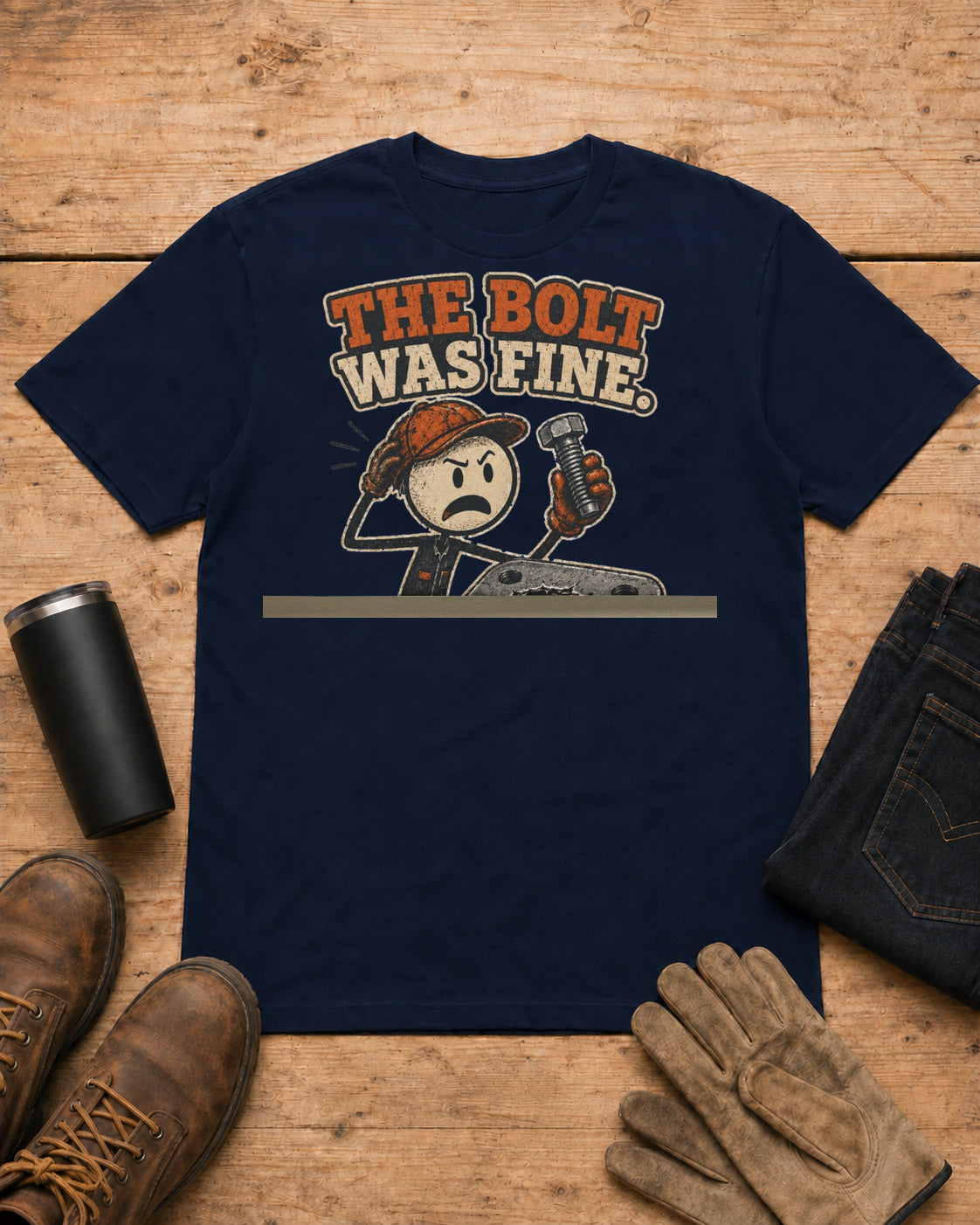 The Bolt Was Fine Funny Mechanic T-Shirt in Navy workbench flat lay