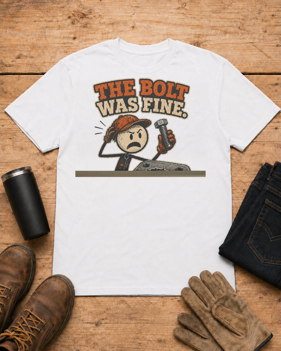 The Bolt Was Fine Funny Mechanic T-Shirt in White workbench flat lay