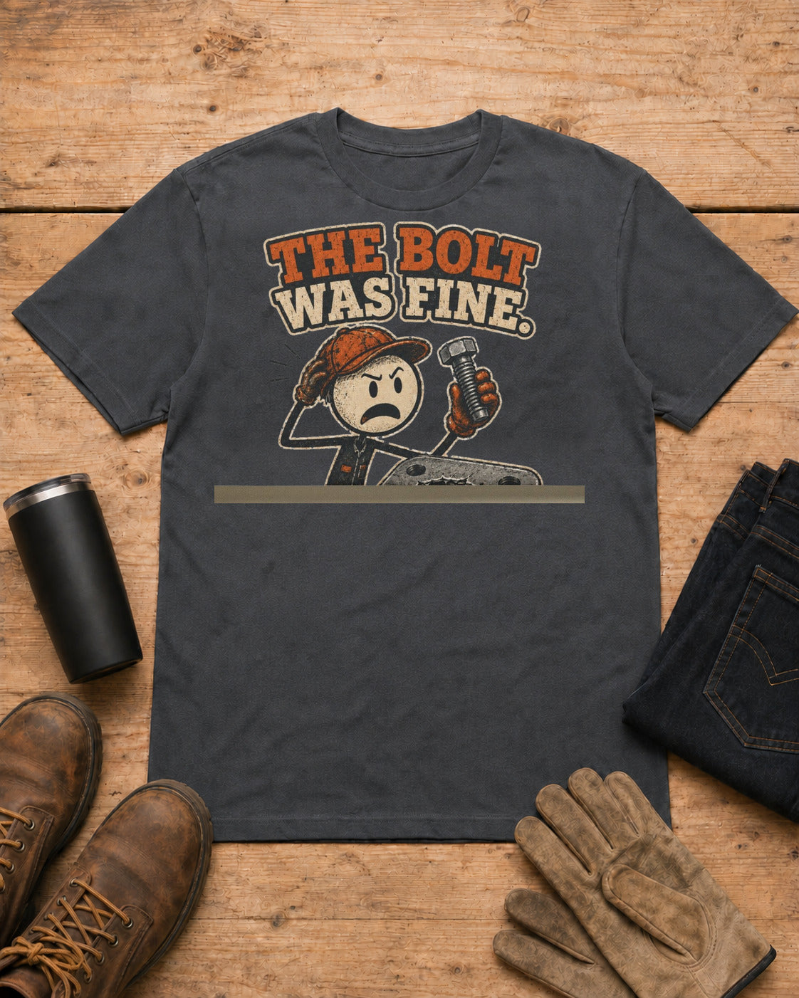 The Bolt Was Fine Funny Mechanic T-Shirt in Dark Heather workbench flat lay