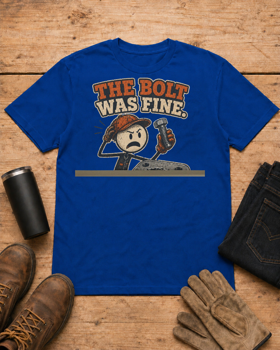 The Bolt Was Fine Funny Mechanic T-Shirt in Royal Blue workbench flat lay