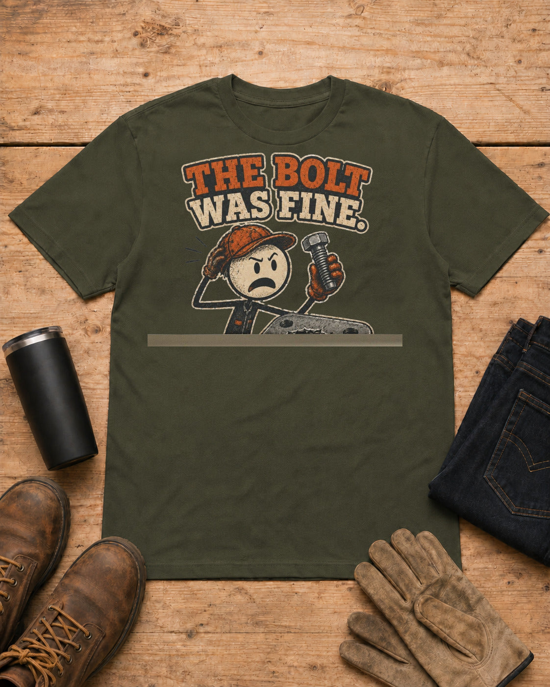 The Bolt Was Fine Funny Mechanic T-Shirt in Military Green workbench flat lay