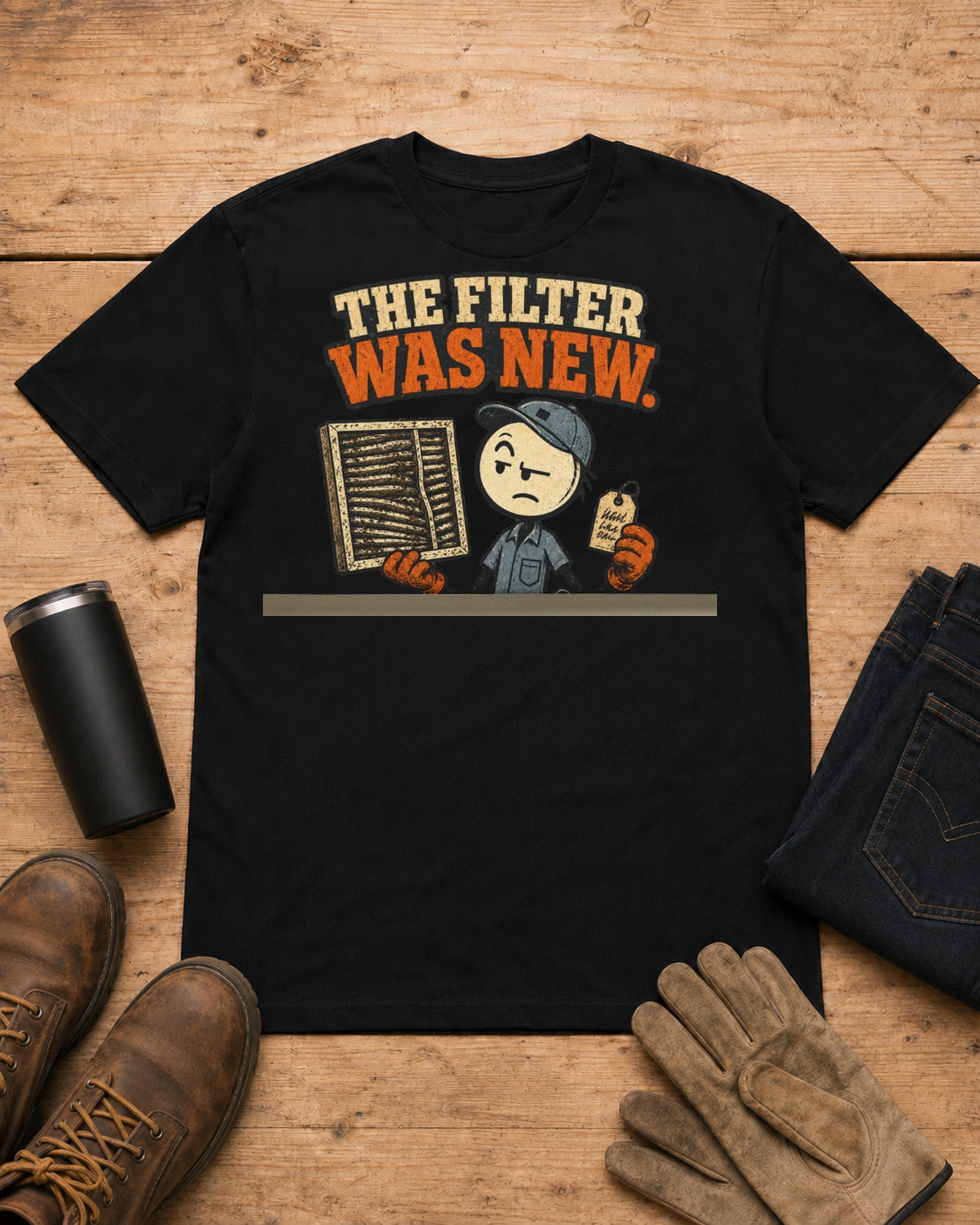 The Filter Was New Funny HVAC T-Shirt in Black workbench flat lay