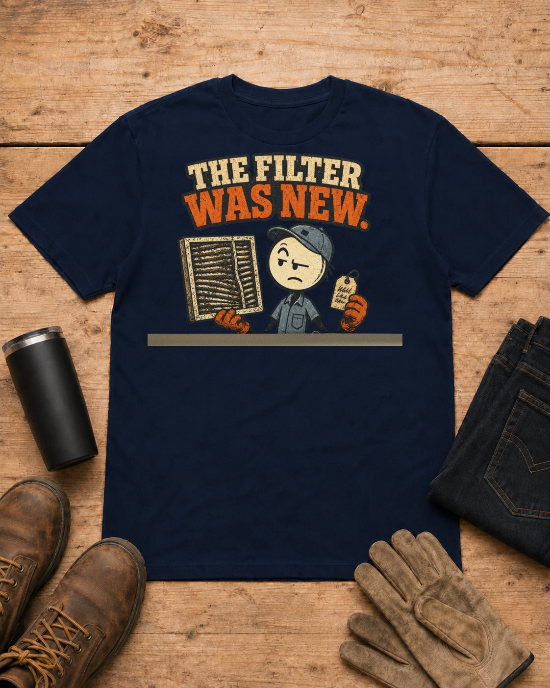 The Filter Was New Funny HVAC T-Shirt in Navy workbench flat lay