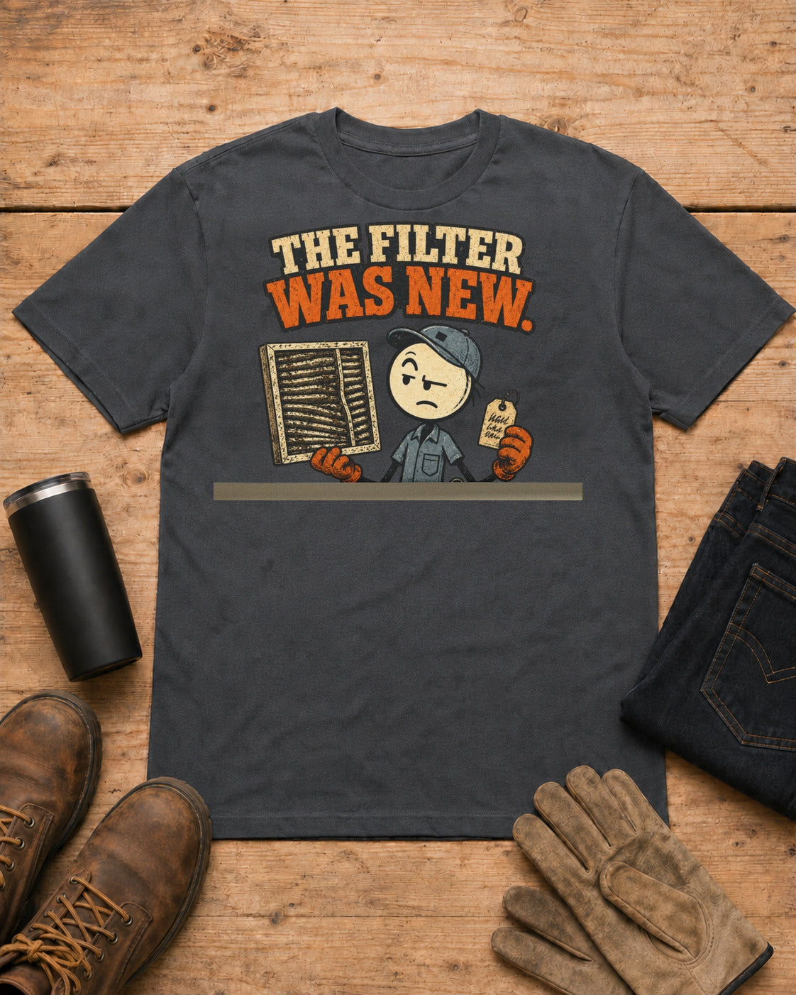 The Filter Was New Funny HVAC T-Shirt in Dark Heather workbench flat lay