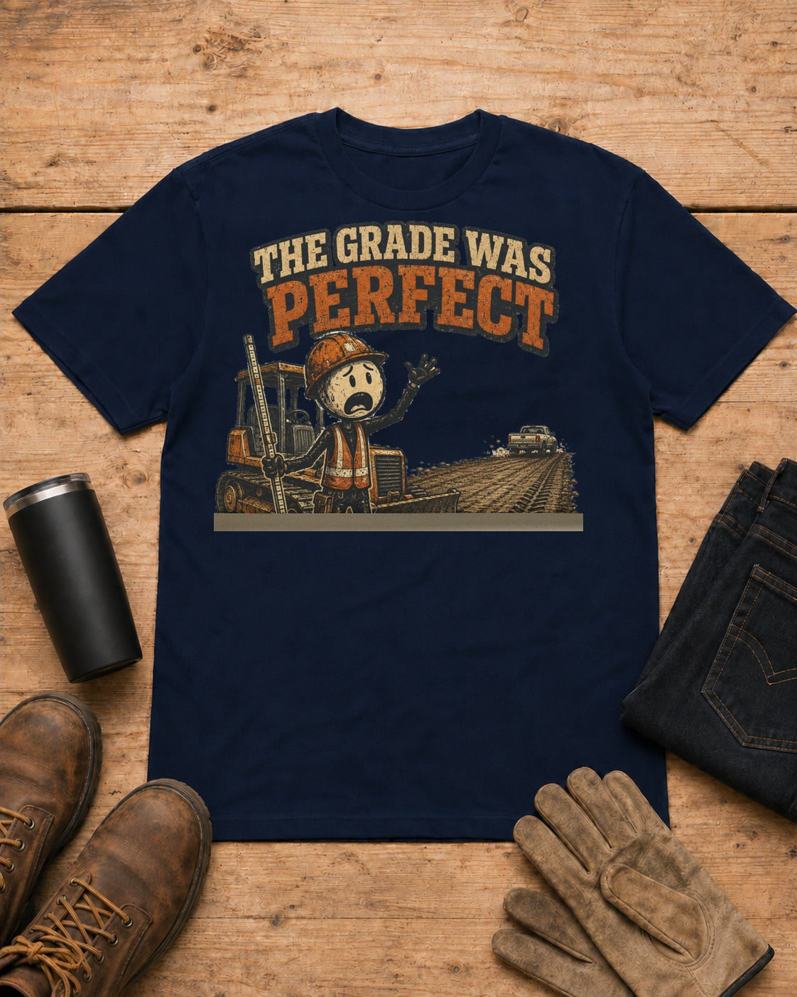 The Grade Was Perfect Heavy Equipment T-Shirt in Navy workbench flat lay