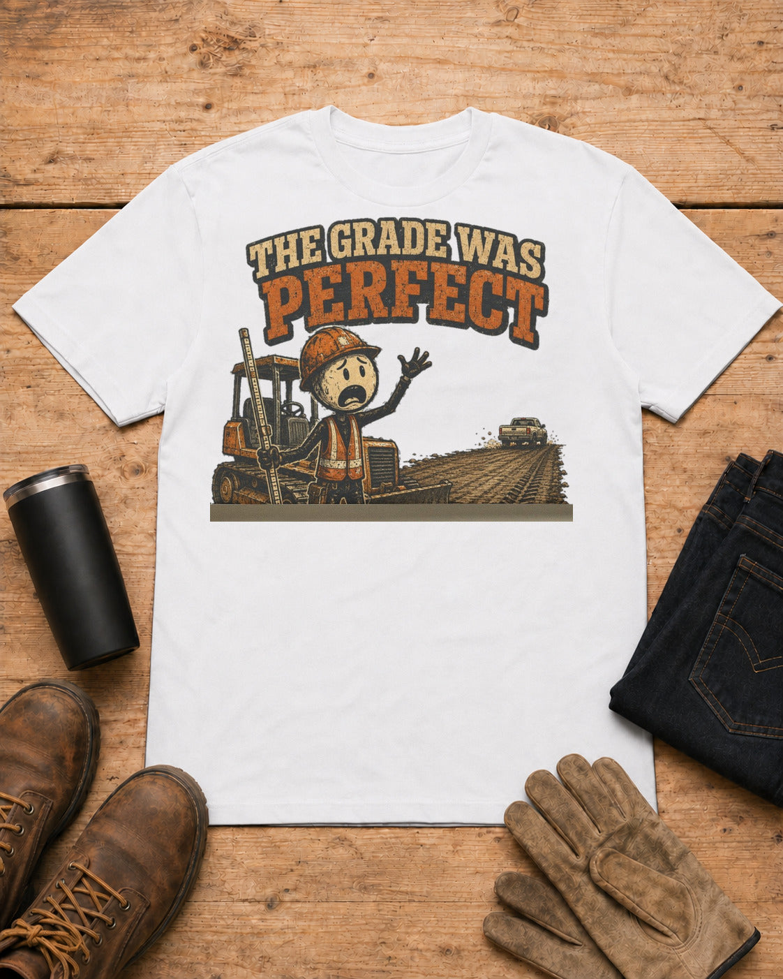 The Grade Was Perfect Heavy Equipment T-Shirt in White workbench flat lay