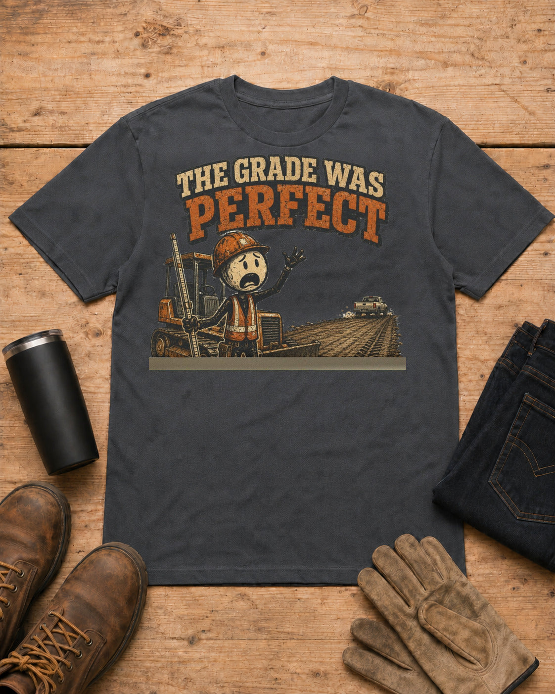 The Grade Was Perfect Heavy Equipment T-Shirt in Dark Heather workbench flat lay