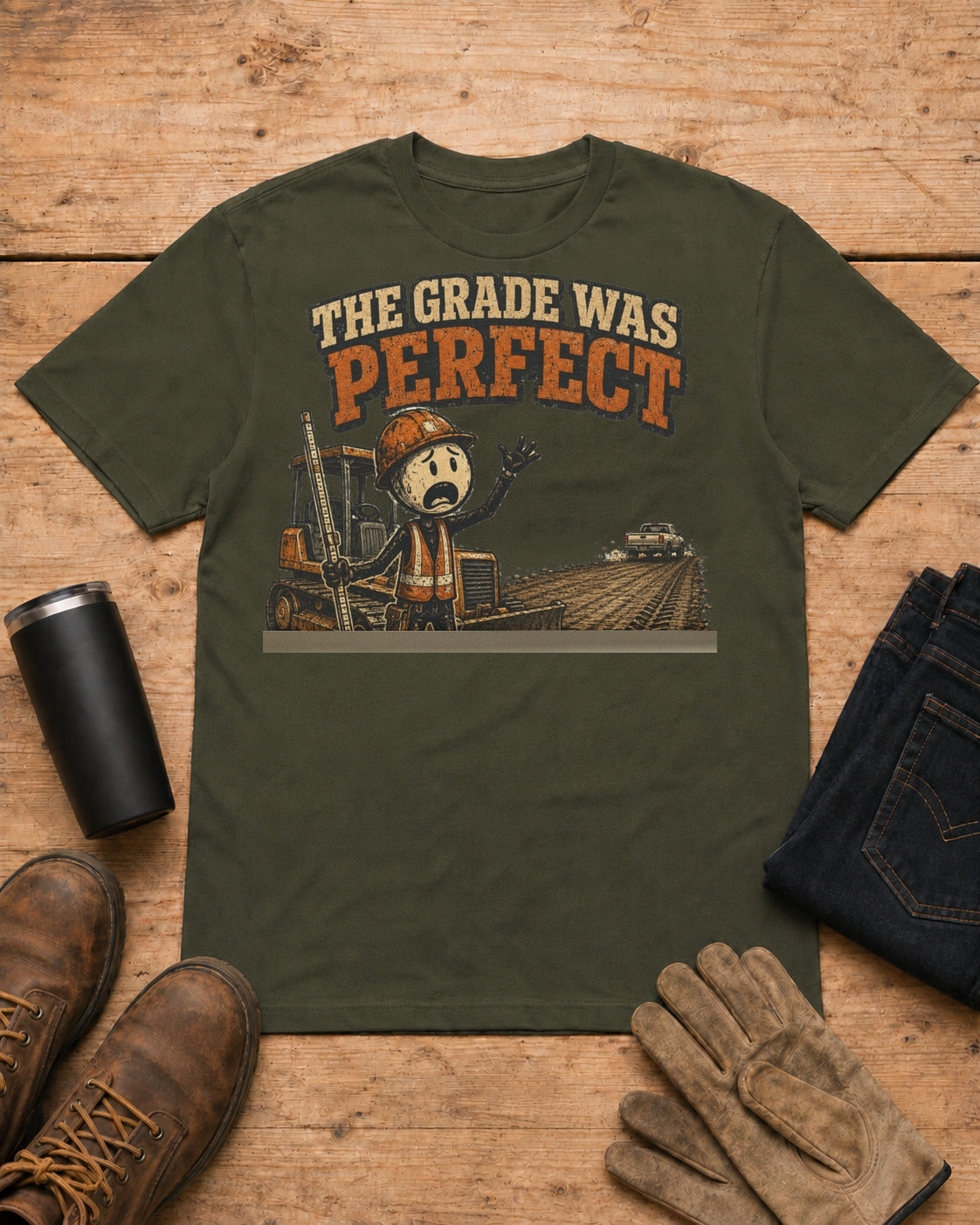 The Grade Was Perfect Heavy Equipment T-Shirt in Military Green workbench flat lay