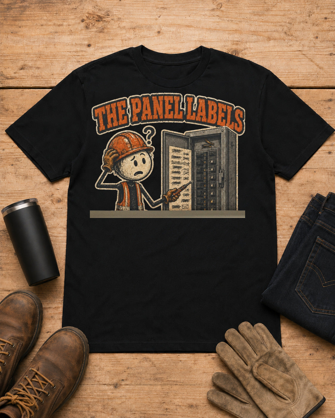 Panel Labels Were Suggestions Electrician T-Shirt in Black workbench flat lay