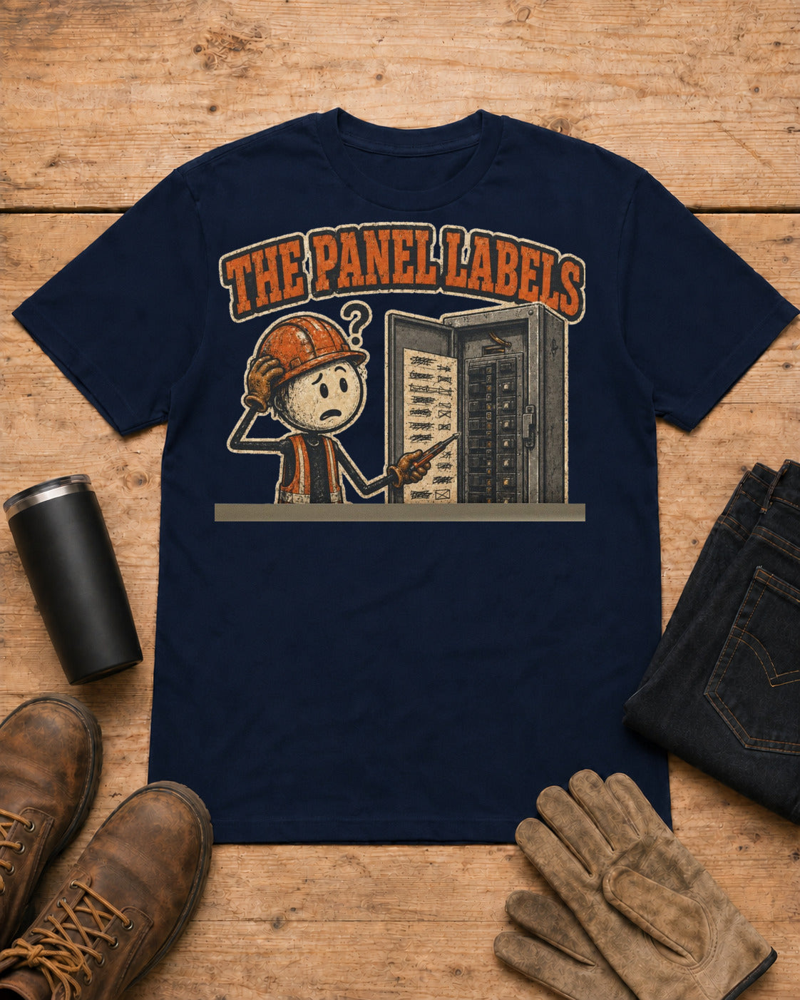 Panel Labels Were Suggestions Electrician T-Shirt in Navy workbench flat lay