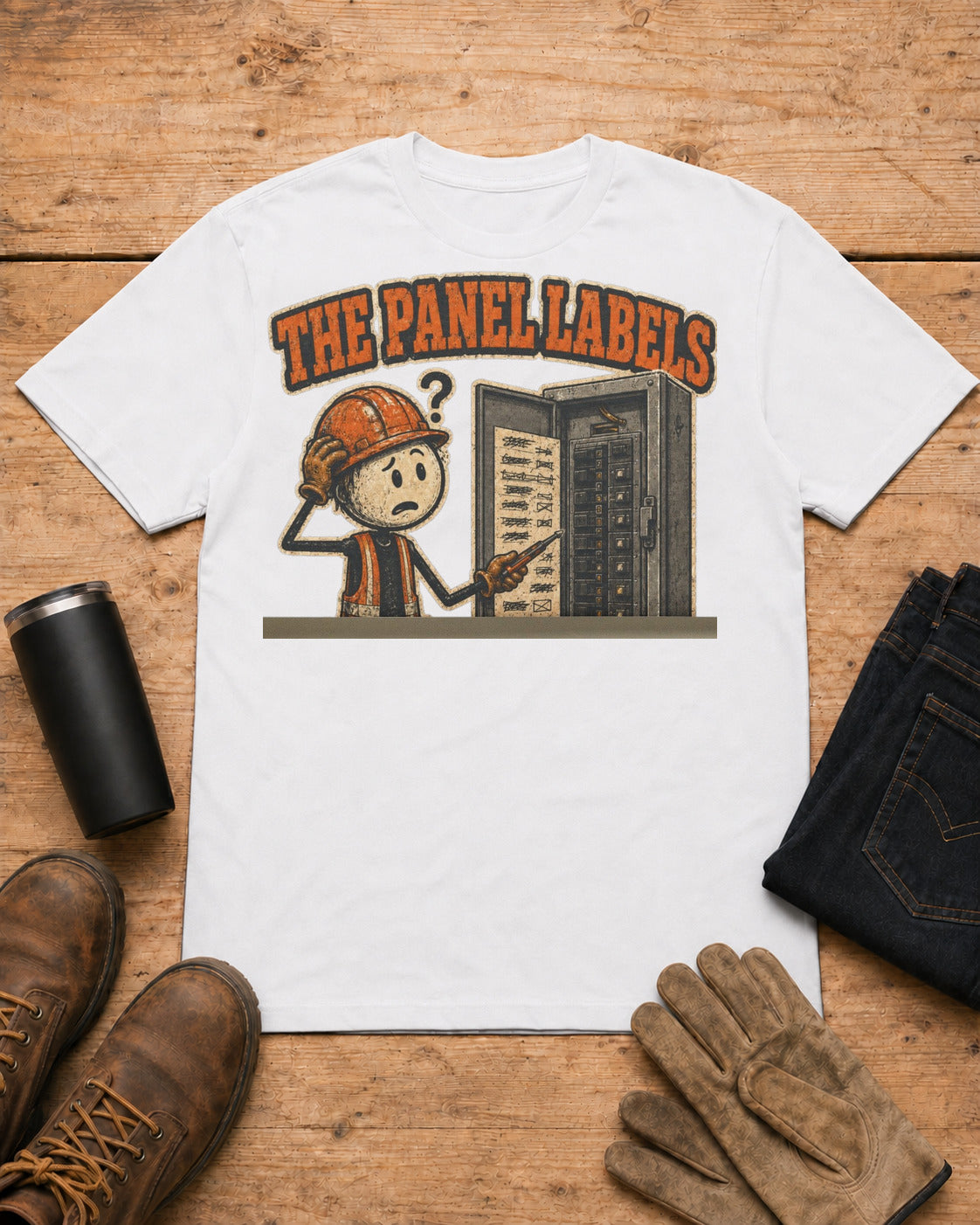 Panel Labels Were Suggestions Electrician T-Shirt in White workbench flat lay