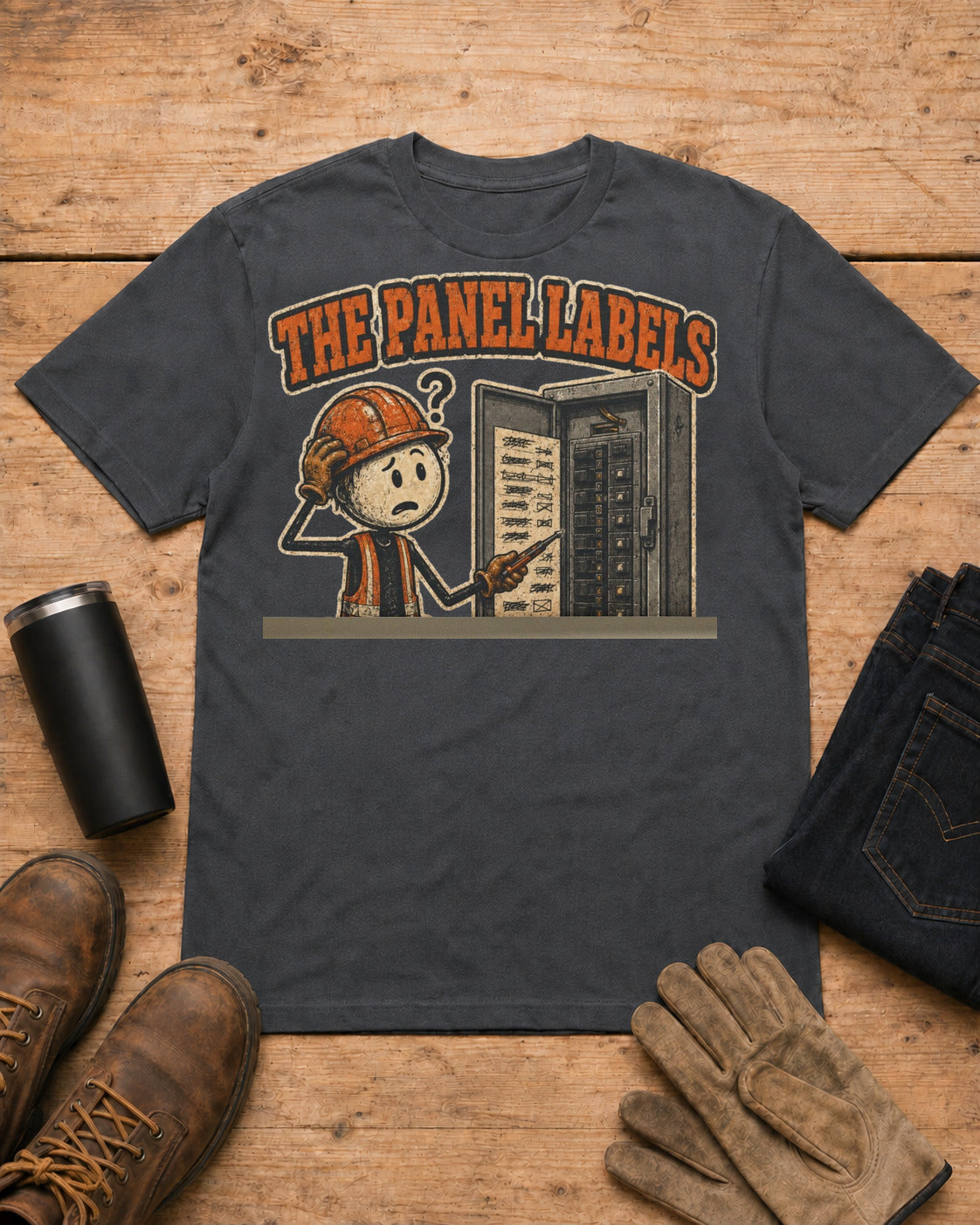 Panel Labels Were Suggestions Electrician T-Shirt in Dark Heather workbench flat lay