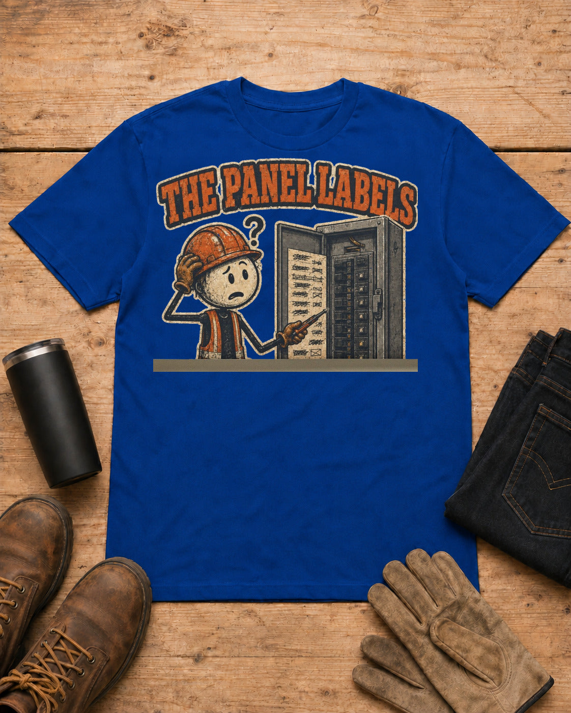 Panel Labels Were Suggestions Electrician T-Shirt in Royal Blue workbench flat lay