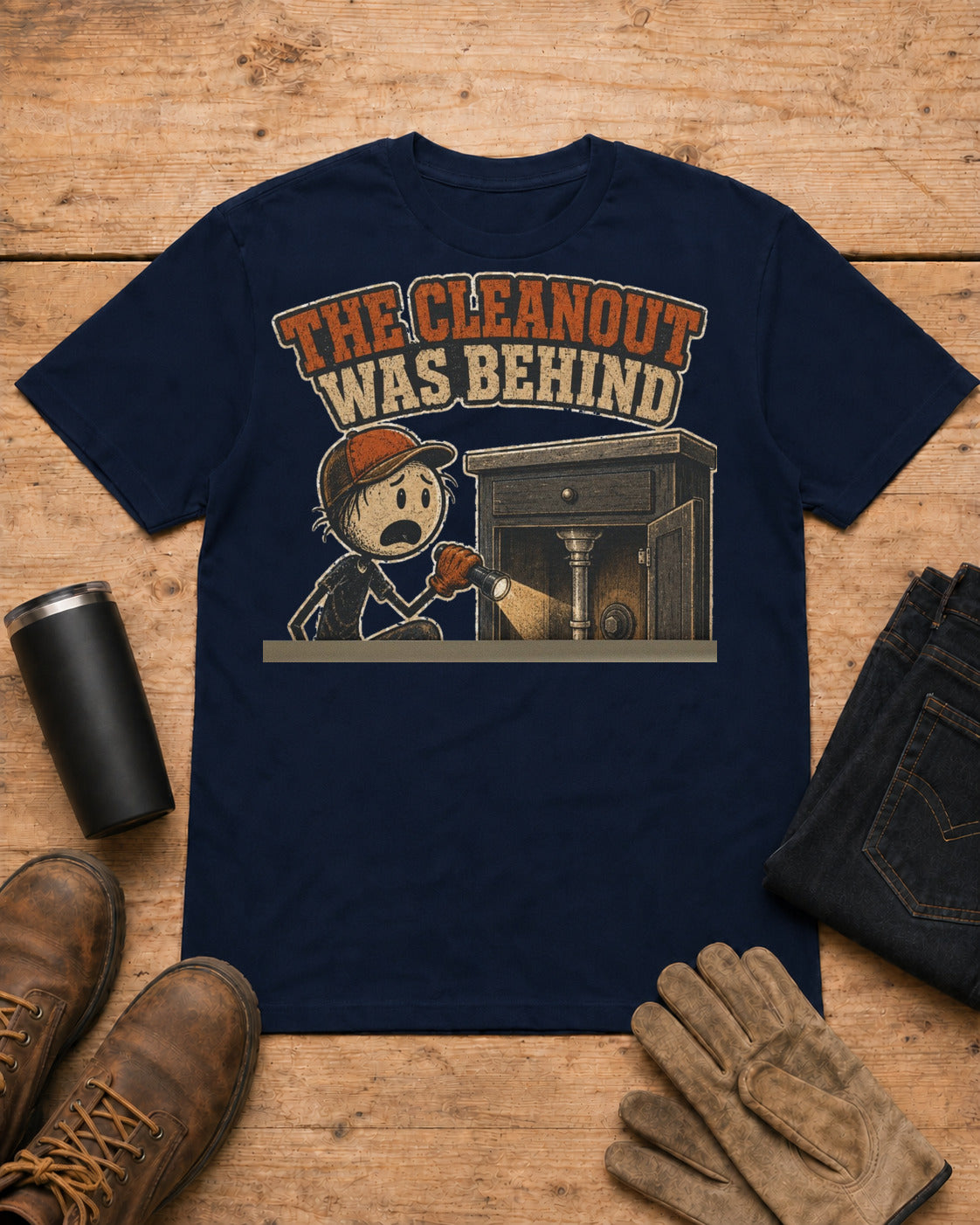 The Cleanout Was Behind the Cabinet Plumber T-Shirt in Navy workbench flat lay