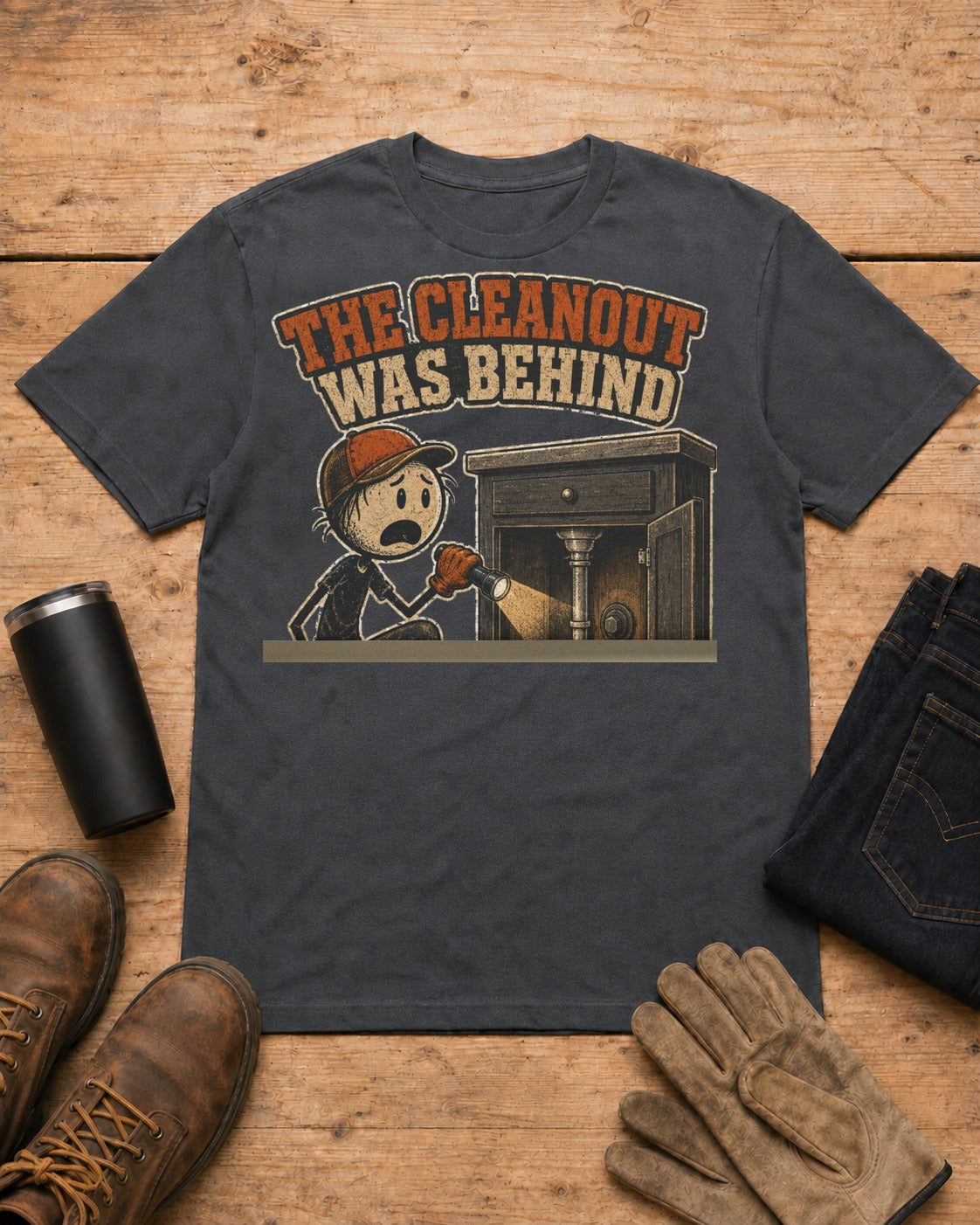 The Cleanout Was Behind the Cabinet Plumber T-Shirt in Dark Heather workbench flat lay