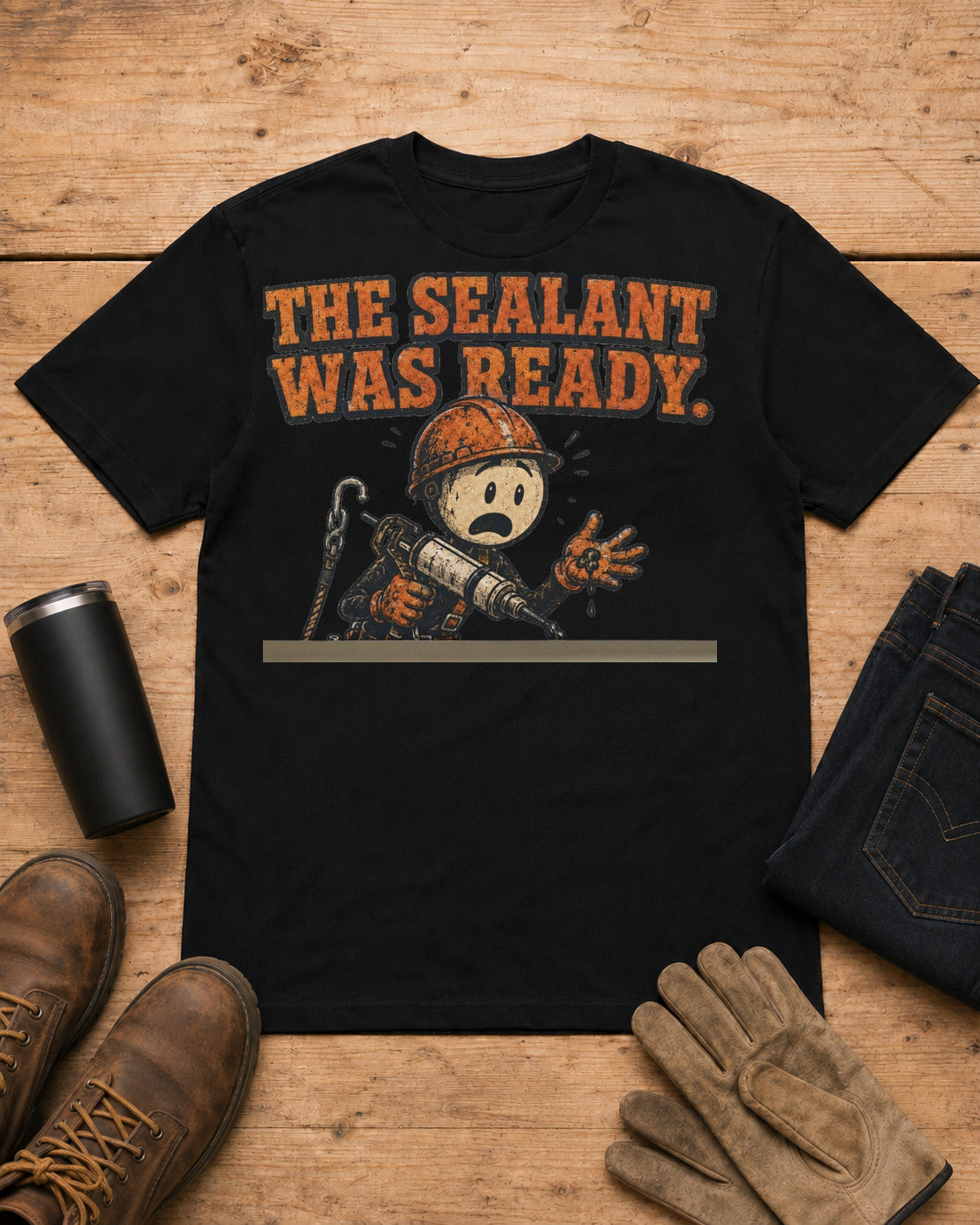 The Sealant Was Ready Funny Roofer T-Shirt in Black workbench flat lay