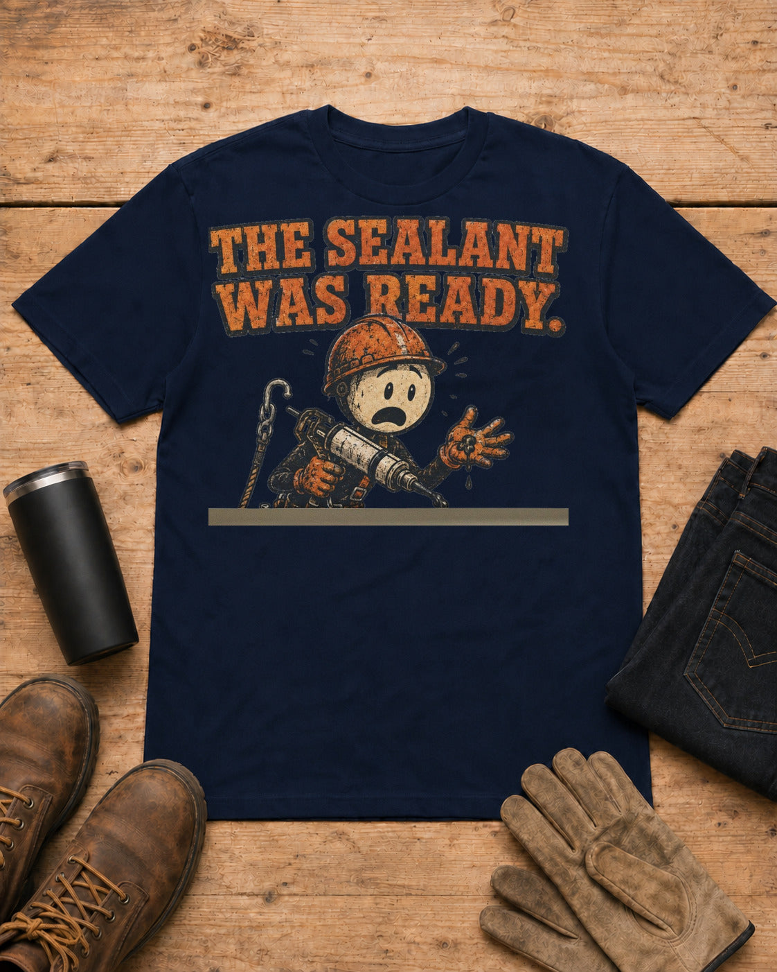 The Sealant Was Ready Funny Roofer T-Shirt in Navy workbench flat lay