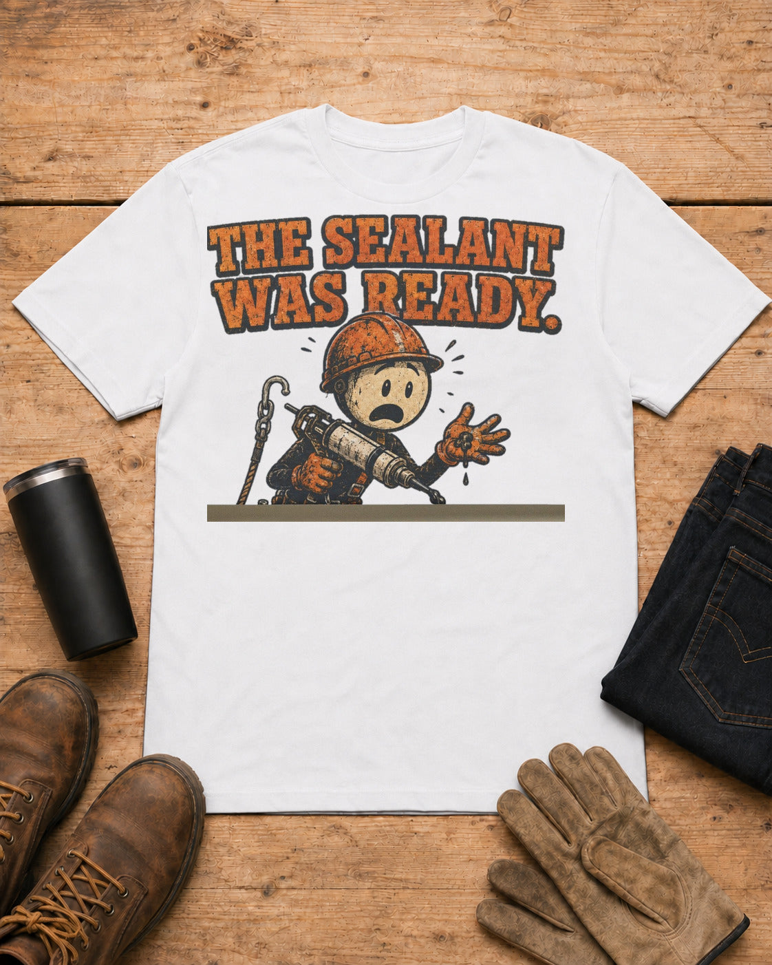 The Sealant Was Ready Funny Roofer T-Shirt in White workbench flat lay