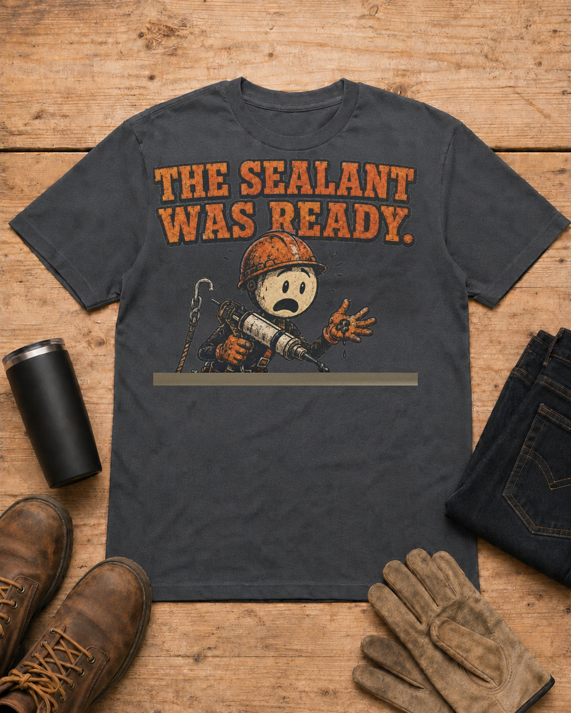 The Sealant Was Ready Funny Roofer T-Shirt in Dark Heather workbench flat lay