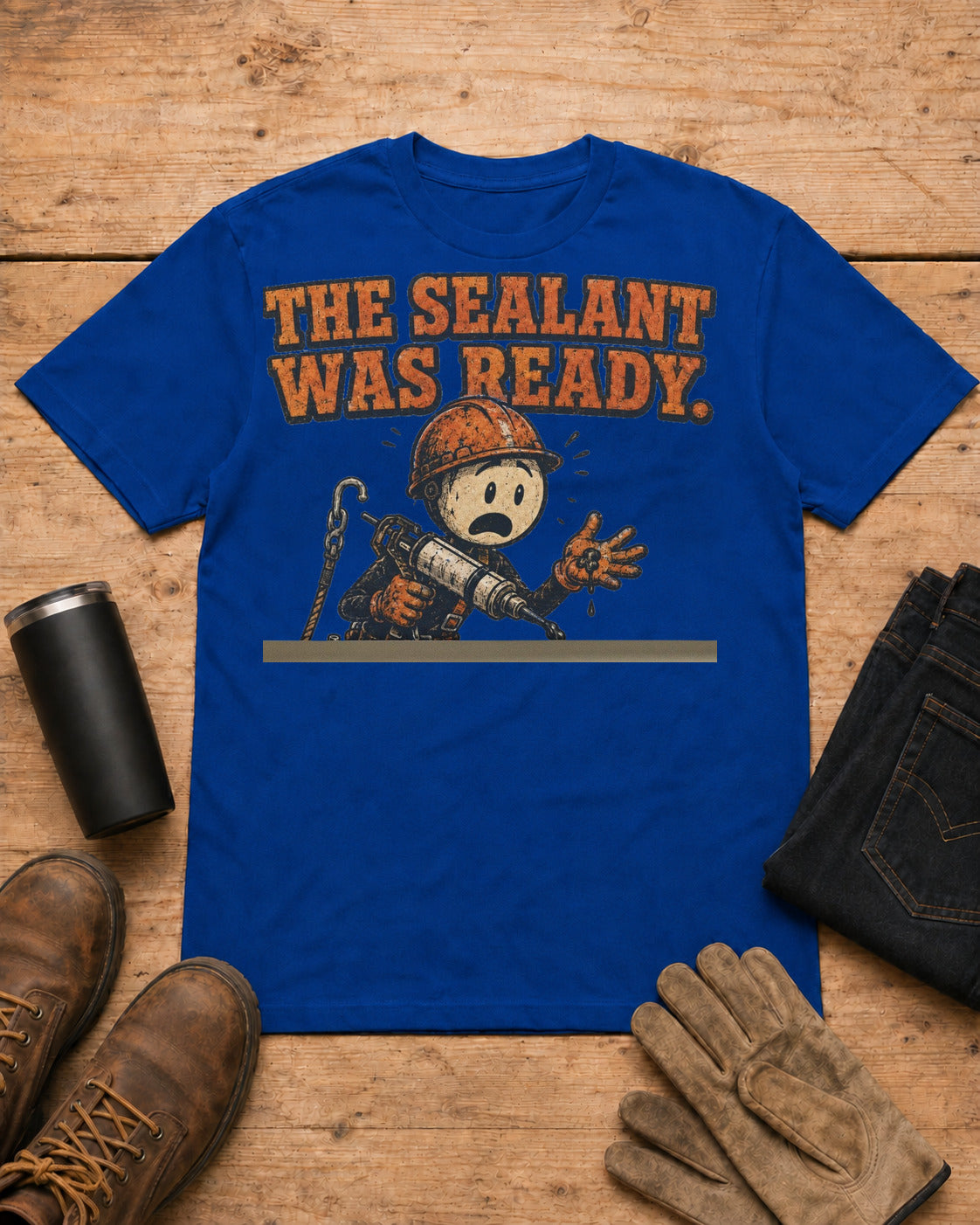 The Sealant Was Ready Funny Roofer T-Shirt in Royal Blue workbench flat lay
