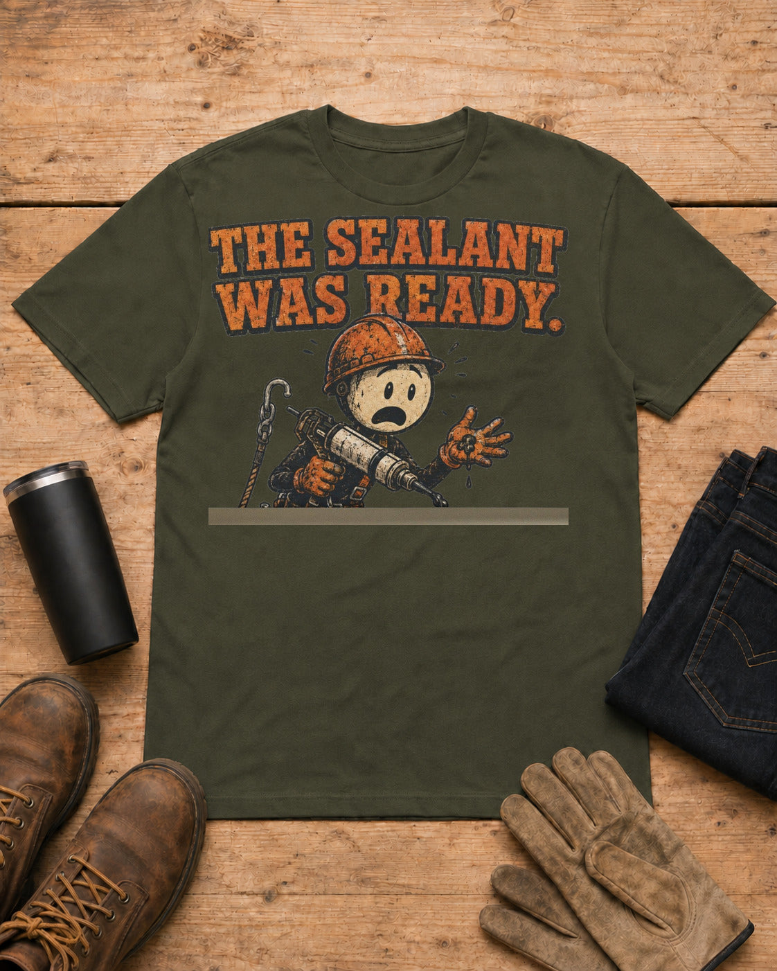The Sealant Was Ready Funny Roofer T-Shirt in Military Green workbench flat lay