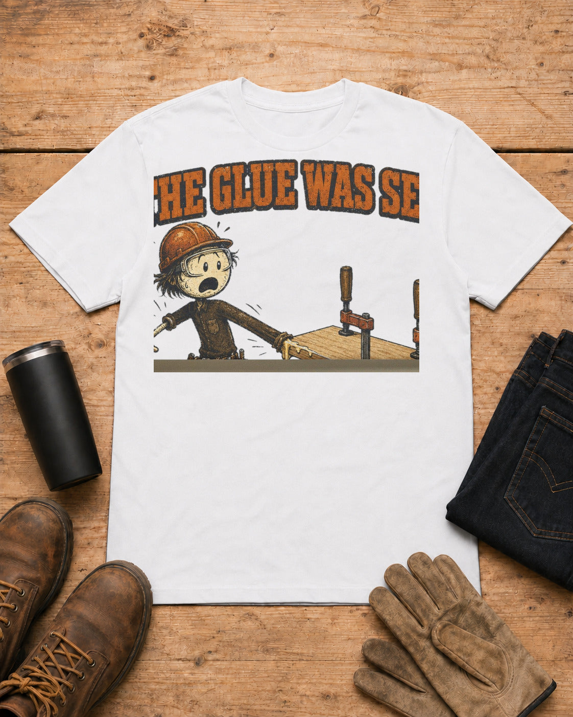 The Glue Was Set Funny Carpenter T-Shirt in White workbench flat lay