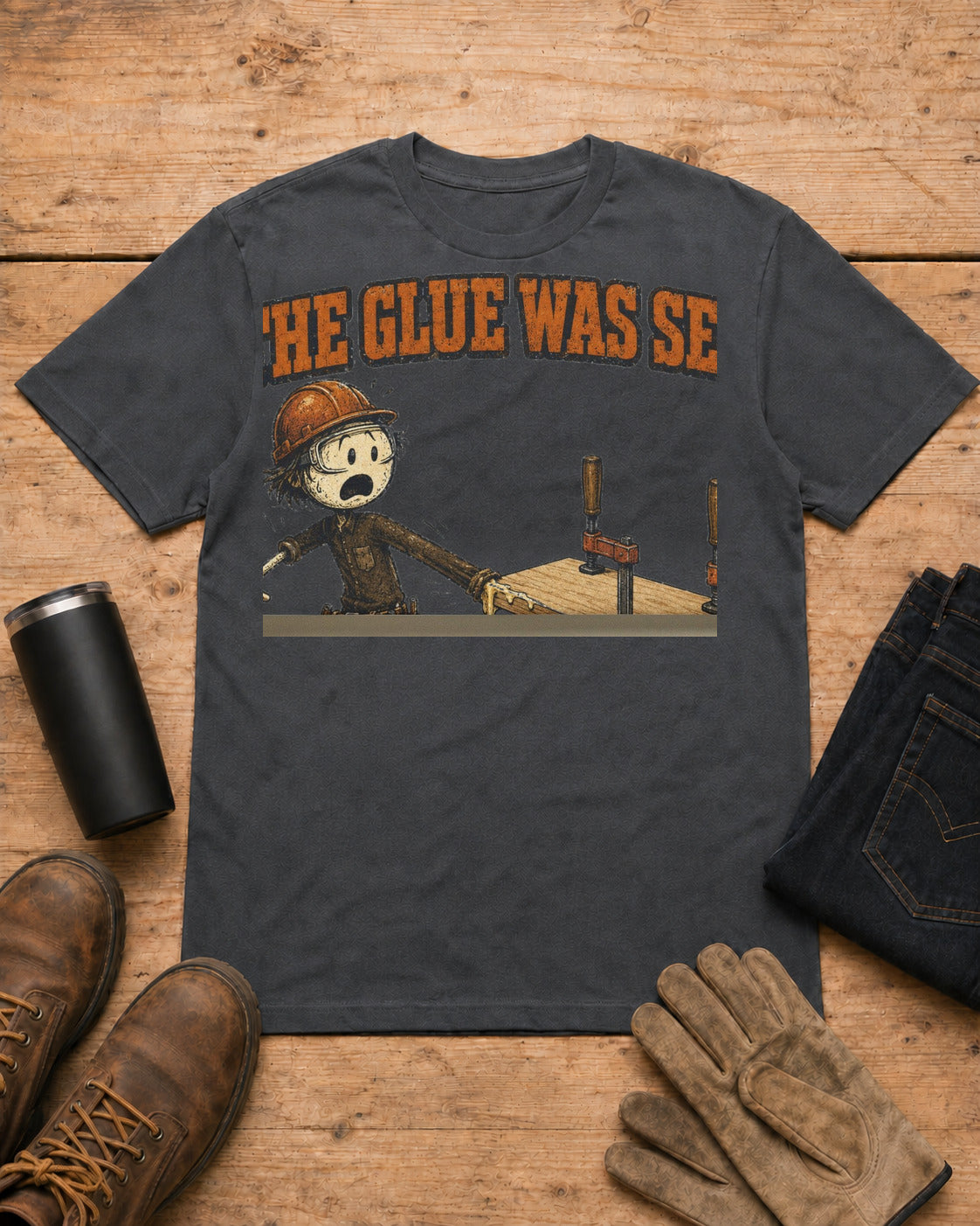 The Glue Was Set Funny Carpenter T-Shirt in Dark Heather workbench flat lay