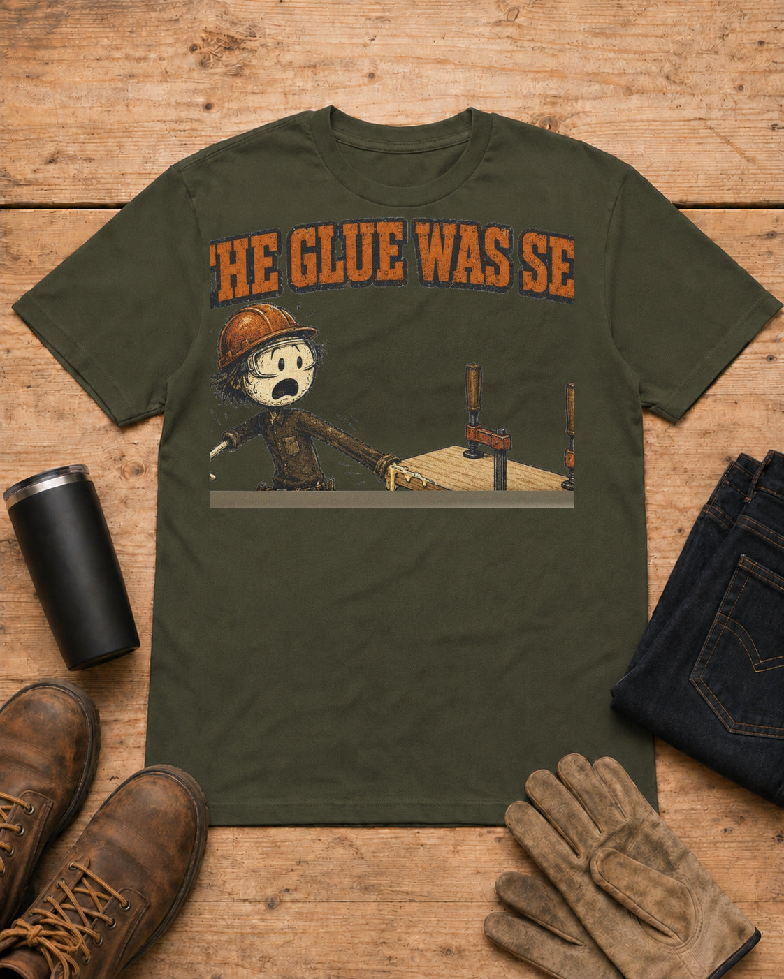 The Glue Was Set Funny Carpenter T-Shirt in Military Green workbench flat lay
