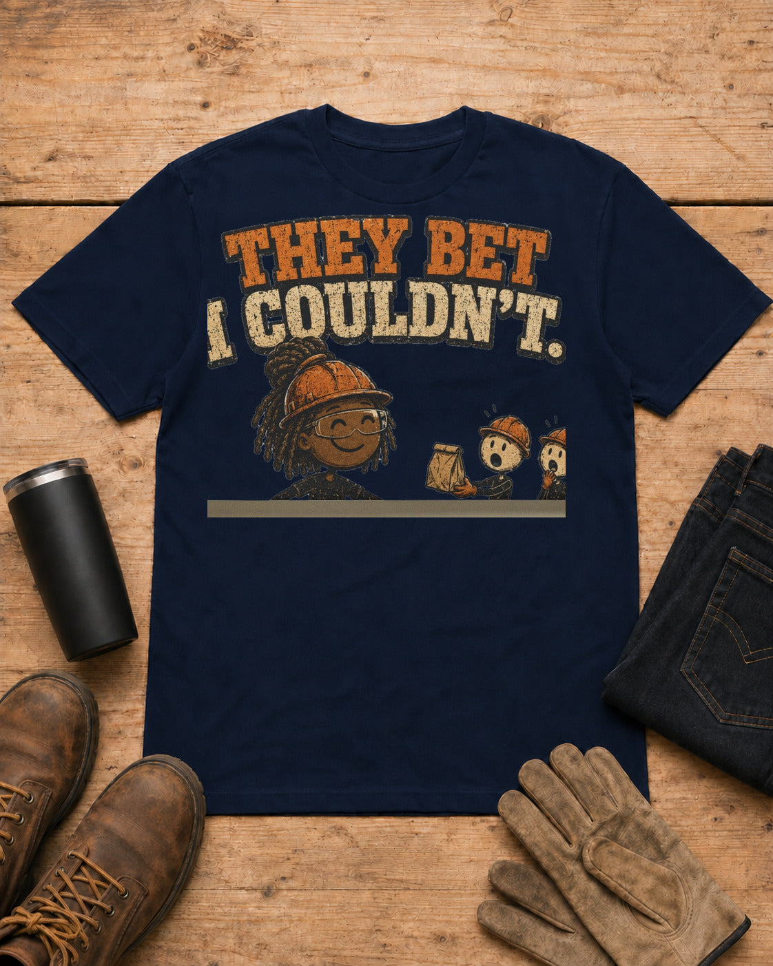 They Bet I Couldn't Funny Tradeswoman T-Shirt in Navy workbench flat lay