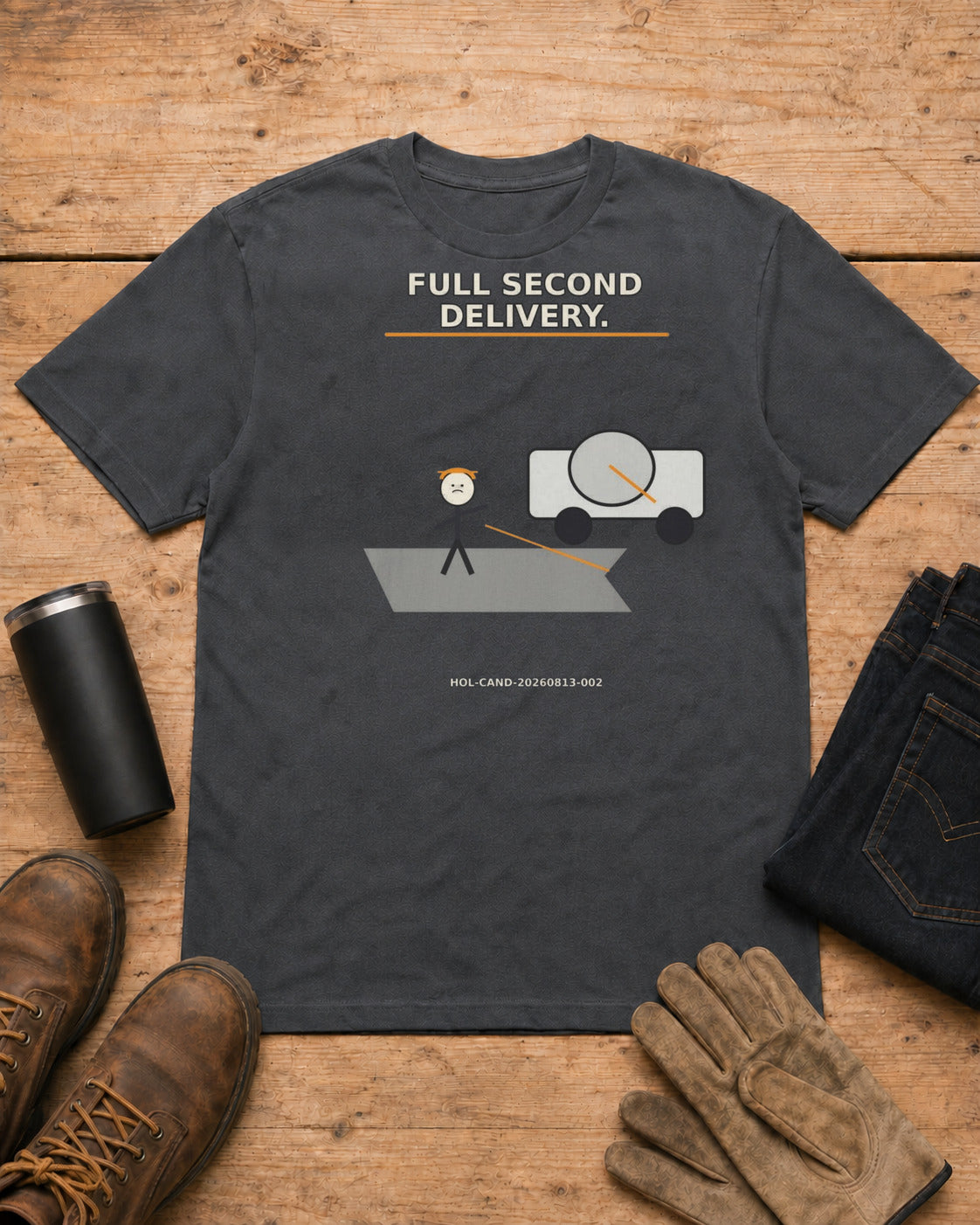 Half a Yard Short. Full Second Delivery. | Concrete T-Shirt in Dark Heather workbench flat lay